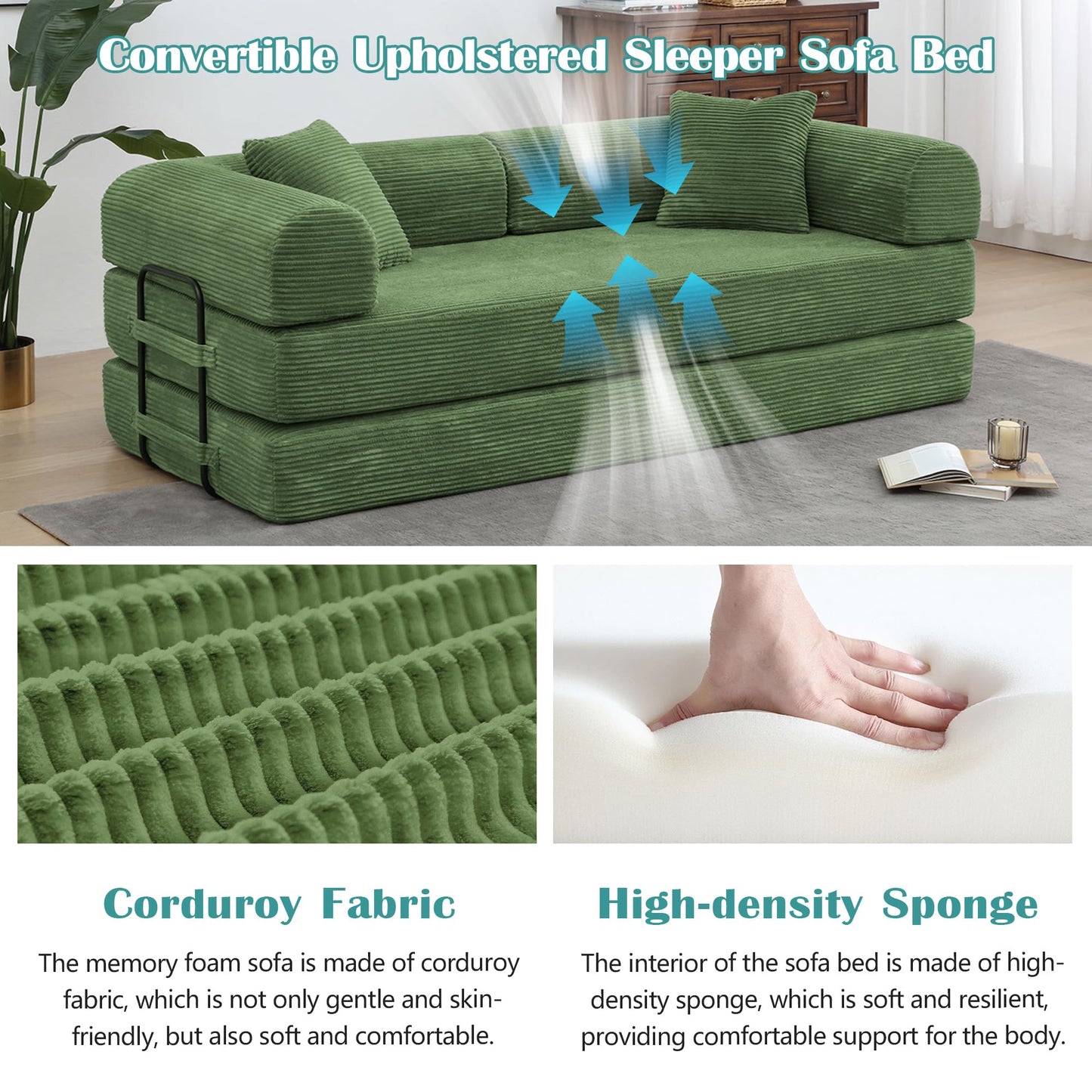 78'' Convertible Floor Sofa Bed, Comfy Foldable Sofa Bed, Modular Sectional Fold Couch with 2 Pillows and Fixed-Shape Frame, Lounge Couch for Living Room Bedroom Lounge Studio (A-Green)