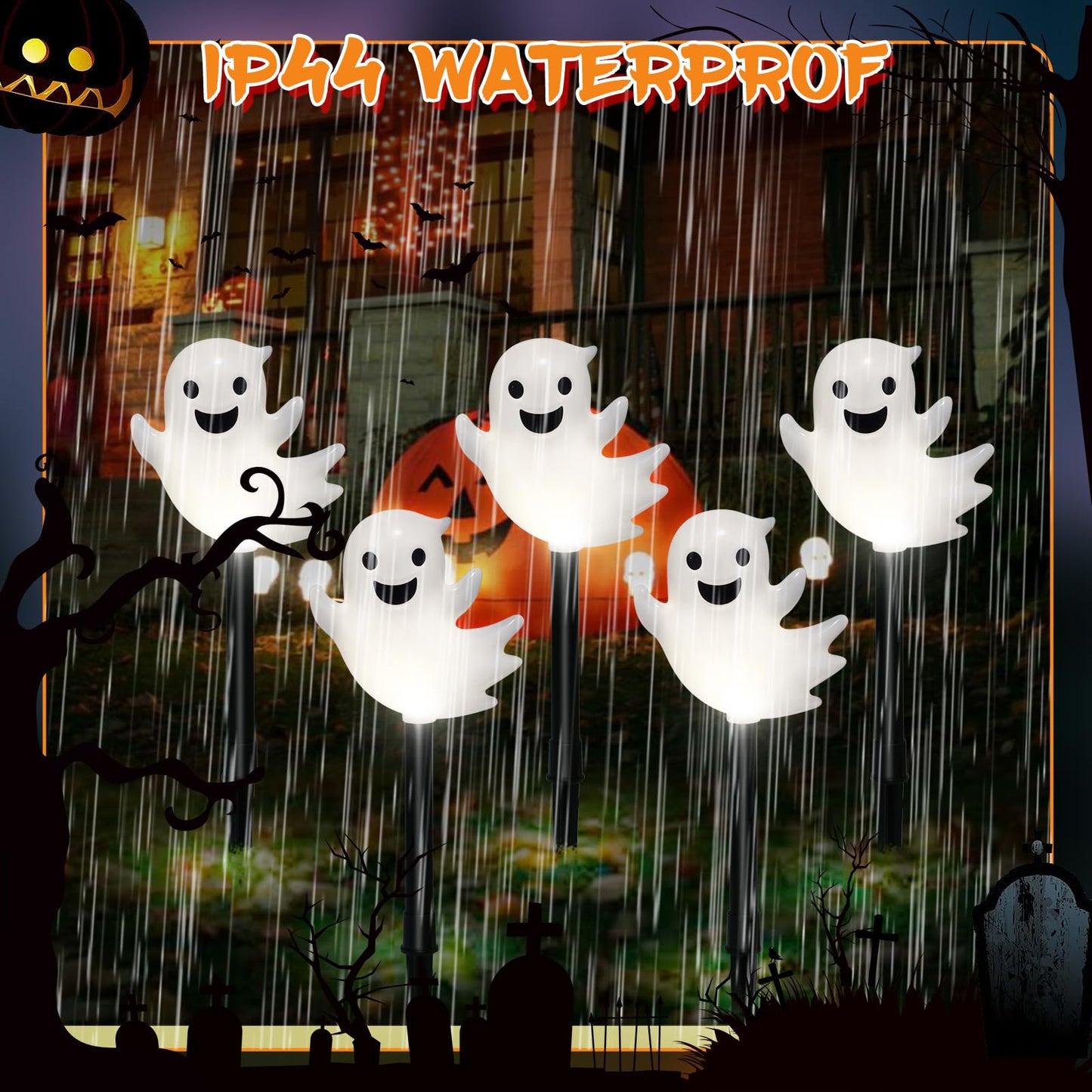 Solar Halloween Ghost Pathway Lights, 10 Pack 3D Lighted Outdoor Stake Decorations, Waterproof LED Yard and Garden Lights for Halloween Pathway, Lawn, Patio, and Holiday Decor (Cool White)