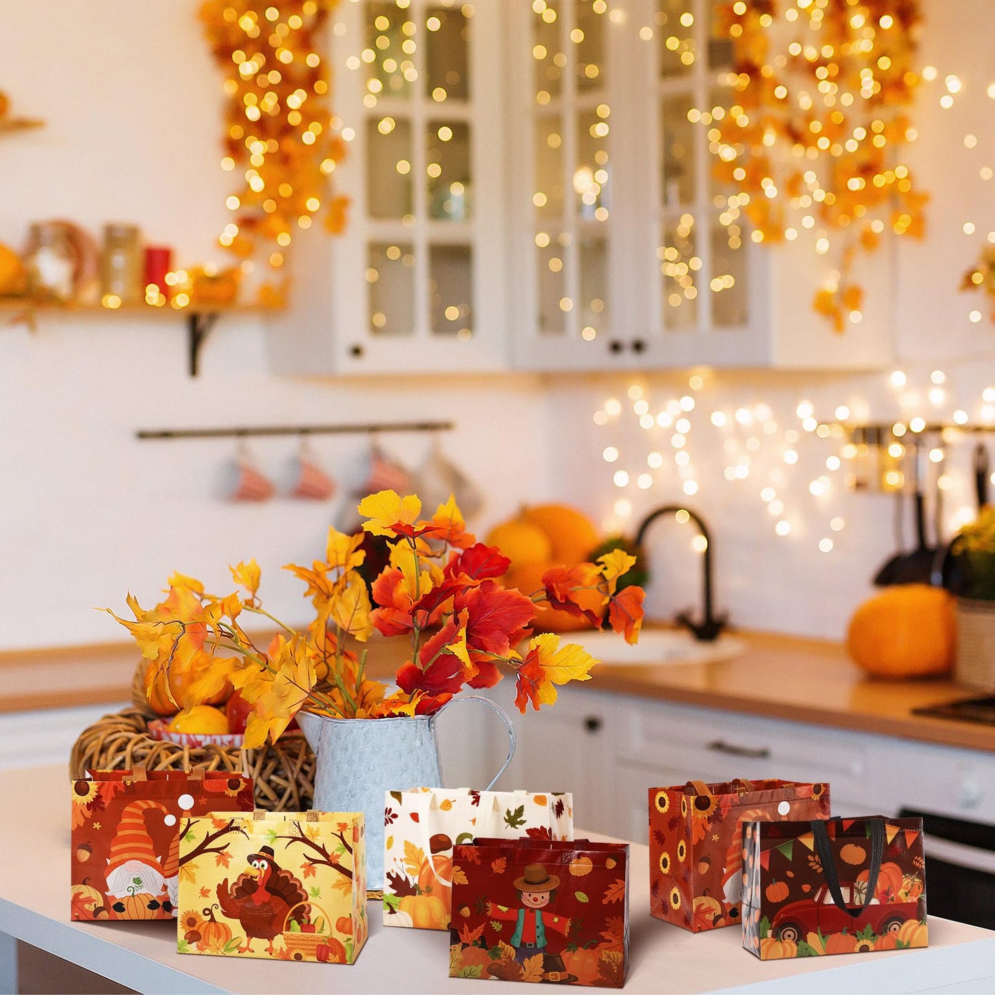Abbylike 100 Pack Fall Non Woven Tote Bags with Handles Thanksgiving Gift Tote Bags Bulk Large Non-woven Grocery Bag with Handles Turkey Pumpkin Autumn Thanksgiving Party Favor Supplies