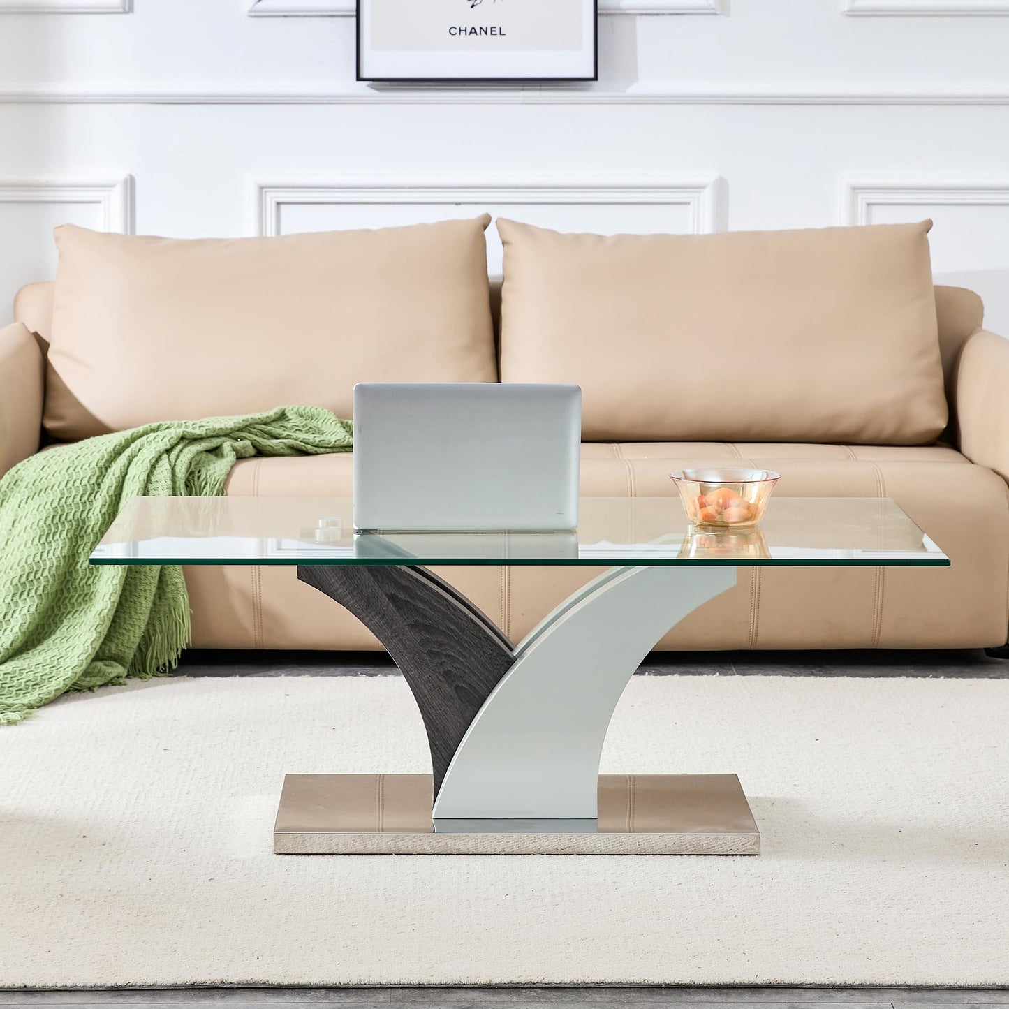 47'' Glass Coffee Table for Living Room,Rectangle Clear Center Table,Modern Glass Sofa Coffee Table with Tempered Glass Top and MDF Thickened Base