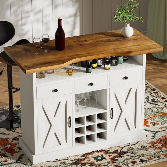52 Inch Large Home Bar Unit with Foot Rail, 4-Tier Storage Bar Table with 3 Drawers, Farmhouse Wine Bar Cabinet with 9 Wine Rack & 2 Barn Doors, Home Bar Unit with Storage for Living Room, White