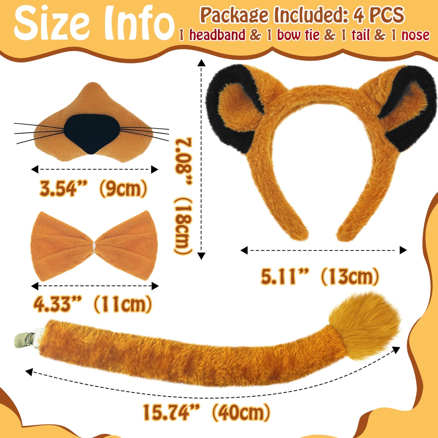 4Pcs Lion Ears Costume Headband Nose Tail Bow Tie Lion Themed Party for Women Birthday Halloween Dress up Adult