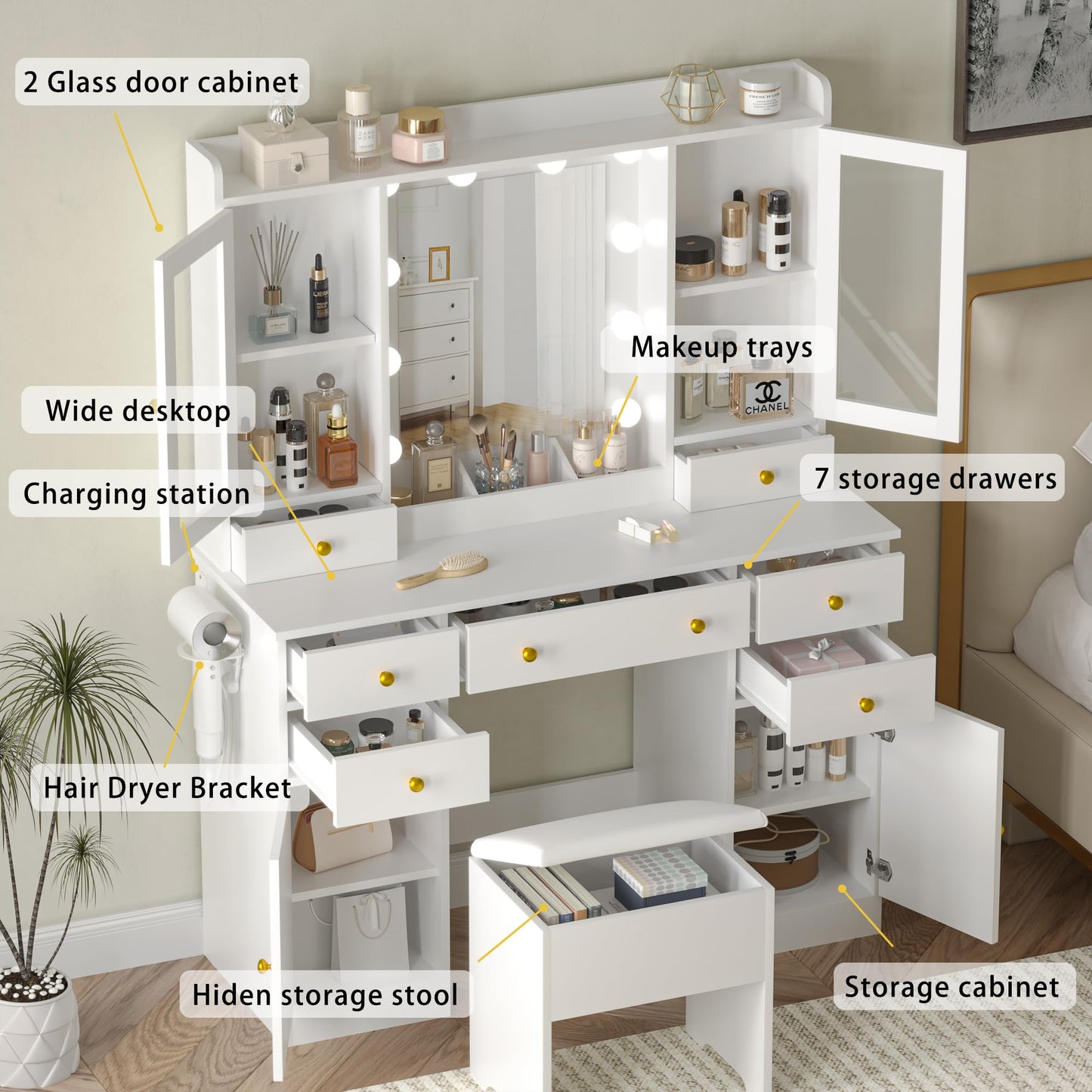 Wodeer Vanity Desk with Mirror and Lights, 43" White Makeup Vanity Set with 5 Drawers & Glass Cabinets, Storage Stool, Power Outlet & Adjustable LED Lights, Dressing Table for Women & Girls Bedroom