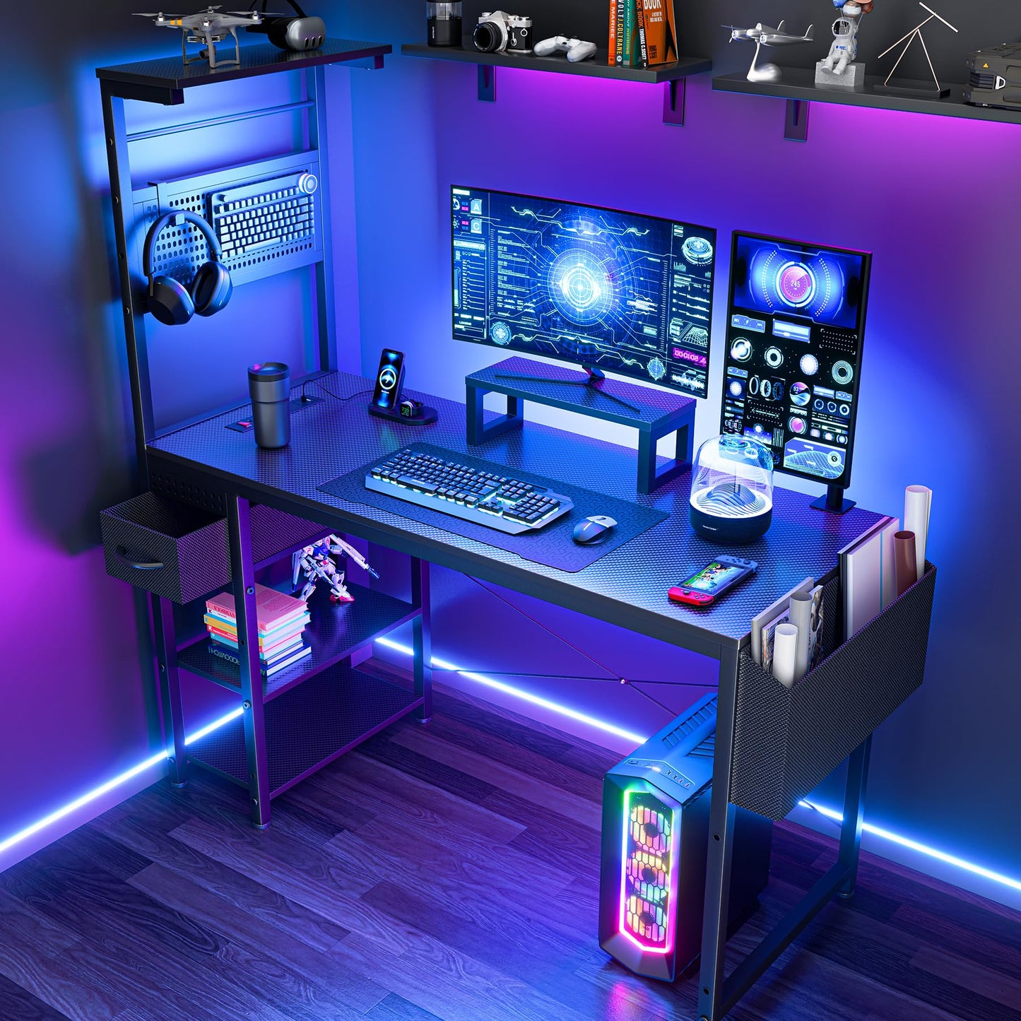 47 Inch Gaming Desk, Computer Desk with Adjustable Storage Rack & LED Lights, PC Gaming Desk with Mini DIY Pegboard, Drawer and Power Outlets for Gaming Room,Carbon Fiber Black