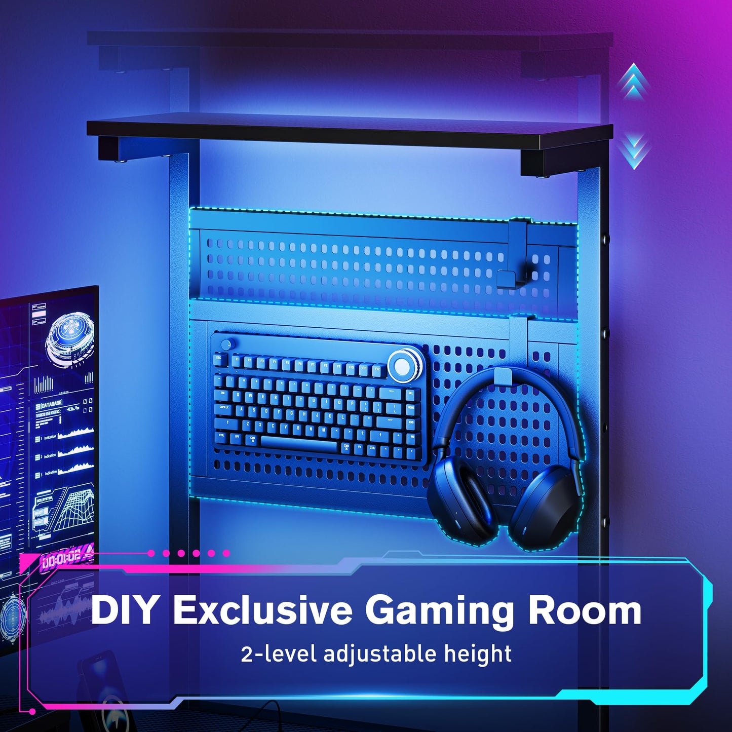 47 Inch Gaming Desk, Computer Desk with Adjustable Storage Rack & LED Lights, PC Gaming Desk with Mini DIY Pegboard, Drawer and Power Outlets for Gaming Room,Carbon Fiber Black
