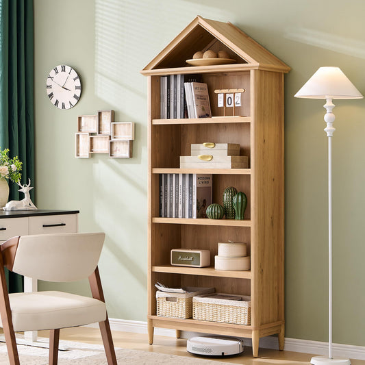 75.9" Tall Angled Arch Bookshelf, 5 Tiers Geometric Large Bookcase with Storage, Modern Triangular Top with Adjustable Shelves, Wood Cabinet w/Open Display Shelves for Living Room, Office Natural