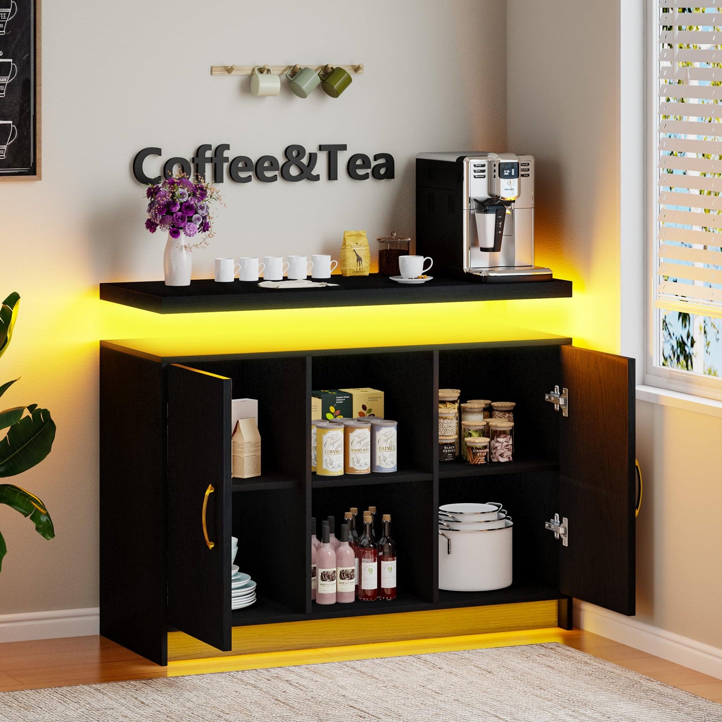4 EVER WINNER Buffet Cabinet with Storage, Modern Sideboard Cabinets with Led Lights, Floating Coffee Station with Adjustable Shelves, Coffee Bar Cabinet for Kitchen, Dining Room