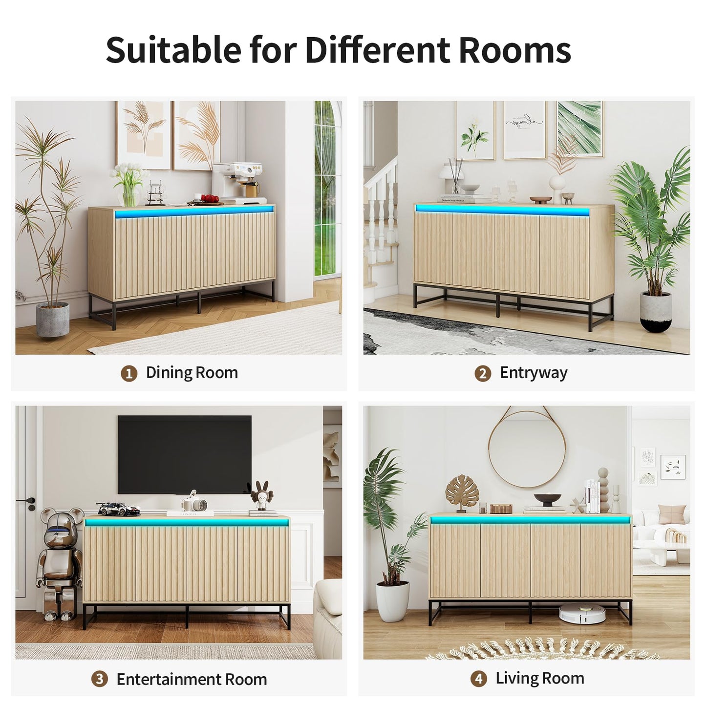 Woenei Fluted Sideboard Buffet Cabinet with Storage, 59" Wood Storage Cabinet with Doors and Adjustable Shelves LED Light, Modern Credenza for Kitchen, Dining Room, Living Room, Entryway, Oak