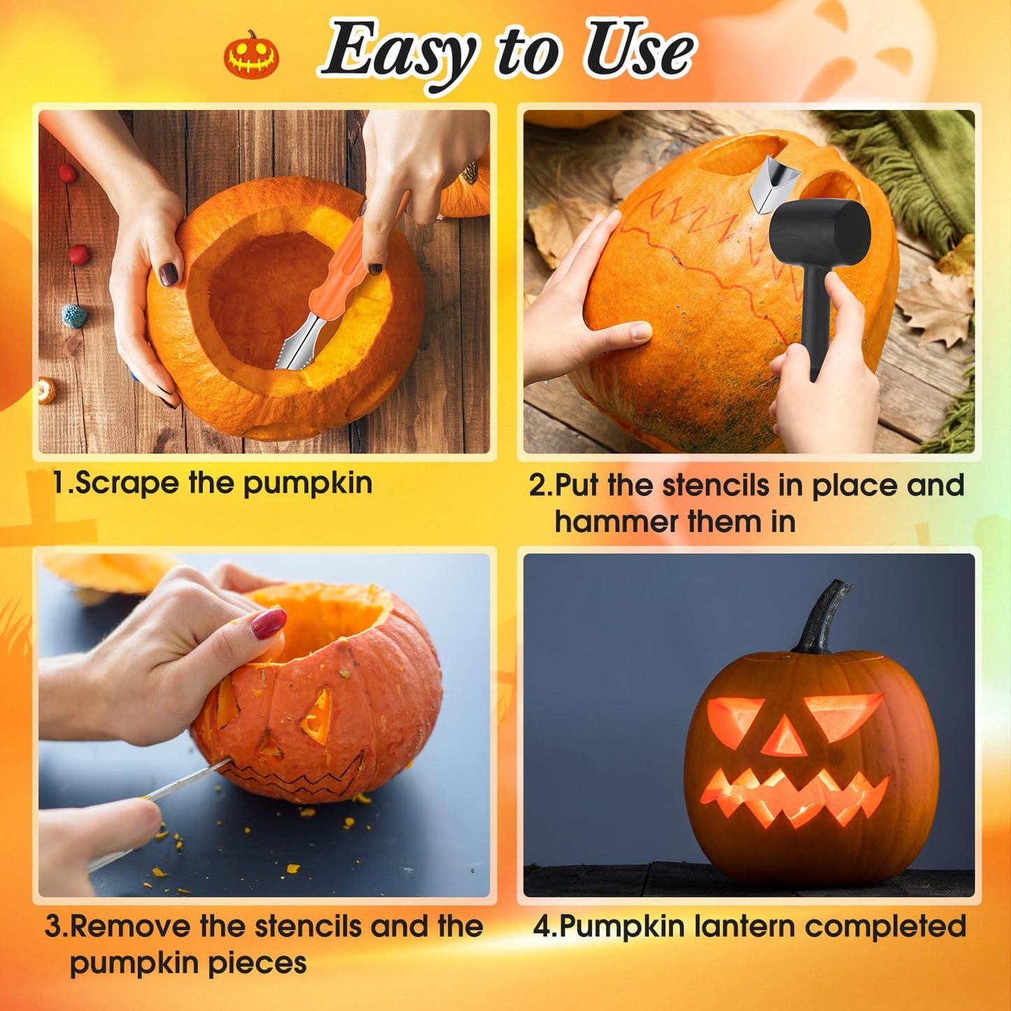 Winnerwhy 48 Pcs Halloween Pumpkin Carving Kit Pumpkin Carving Tools 24 Pcs Stainless Steel Pumpkin Carving Stencils, 6 Gut Buckets, Easy Safe 18 Carving Tools Set for Halloween Decorations