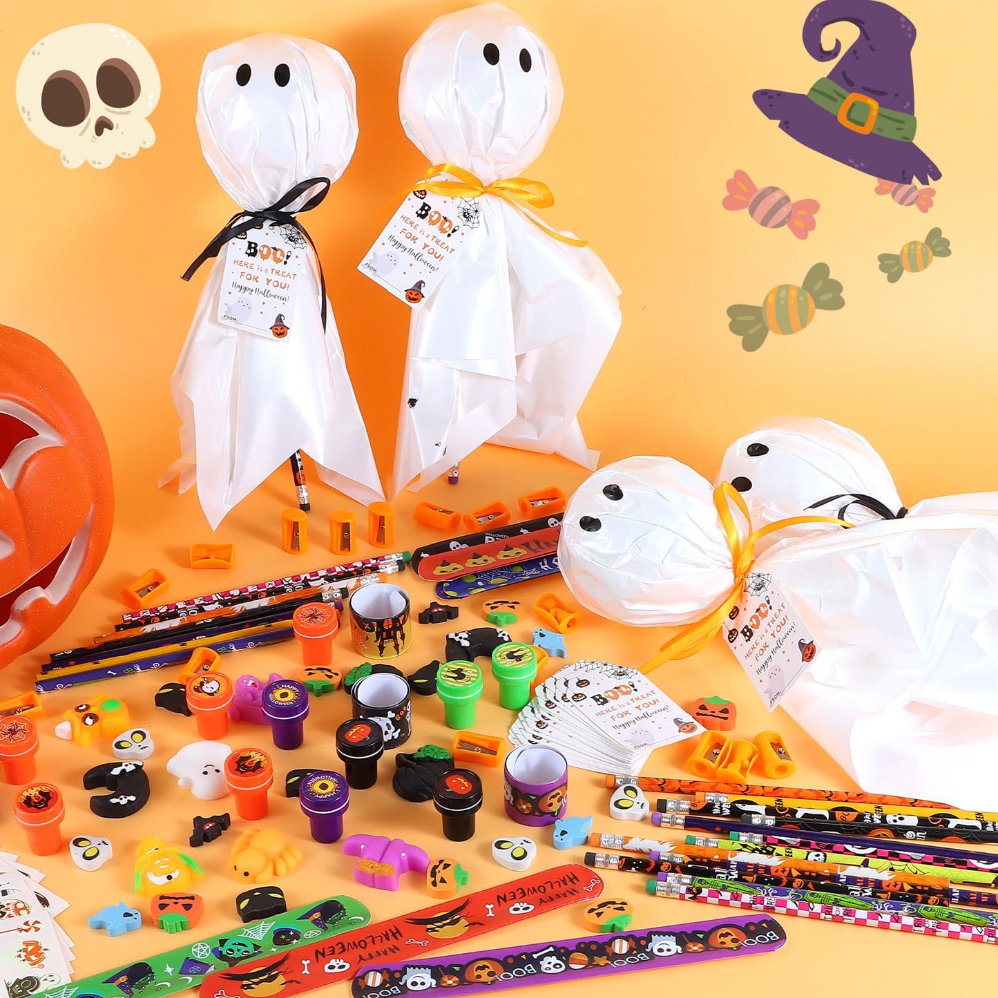 24Pack Halloween Party Favors for Kids, Giant Lollipop with Gift Cards, Pencils, Temporary Tattoo Stickers, Erasers, Stampers, Sharpener for Classroom School Exchange Party Favors for Boys and Girls