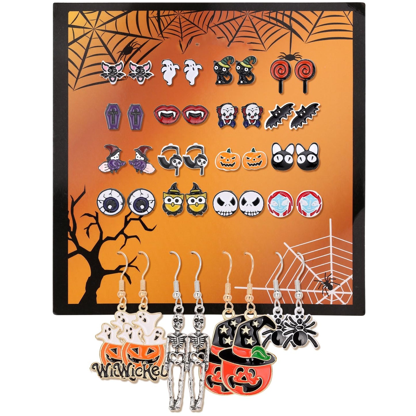 20 Pairs Halloween Earrings for Women, Pumpkin Spider Spooky Skull Skeleton Dangle Earrings for Women Girls，Witchy Bat Cat Eyeballs Candy Stud Earrings Set Scary Halloween Accessories