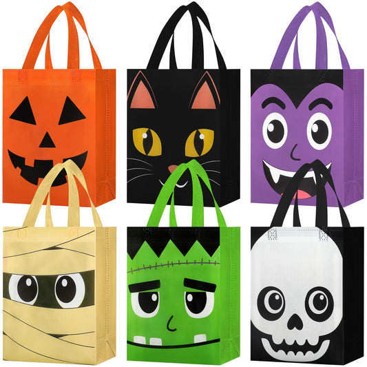 12 PCS Halloween Trick or Treat Bags 10.2 x 8.26 Inch Non-Woven Candy Tote Bag with Handles Reusable Pumpkin Ghost Cat Mummy Zombie Candy Goodie Bags Halloween Party Gift Bag for Halloweens Party Supplies