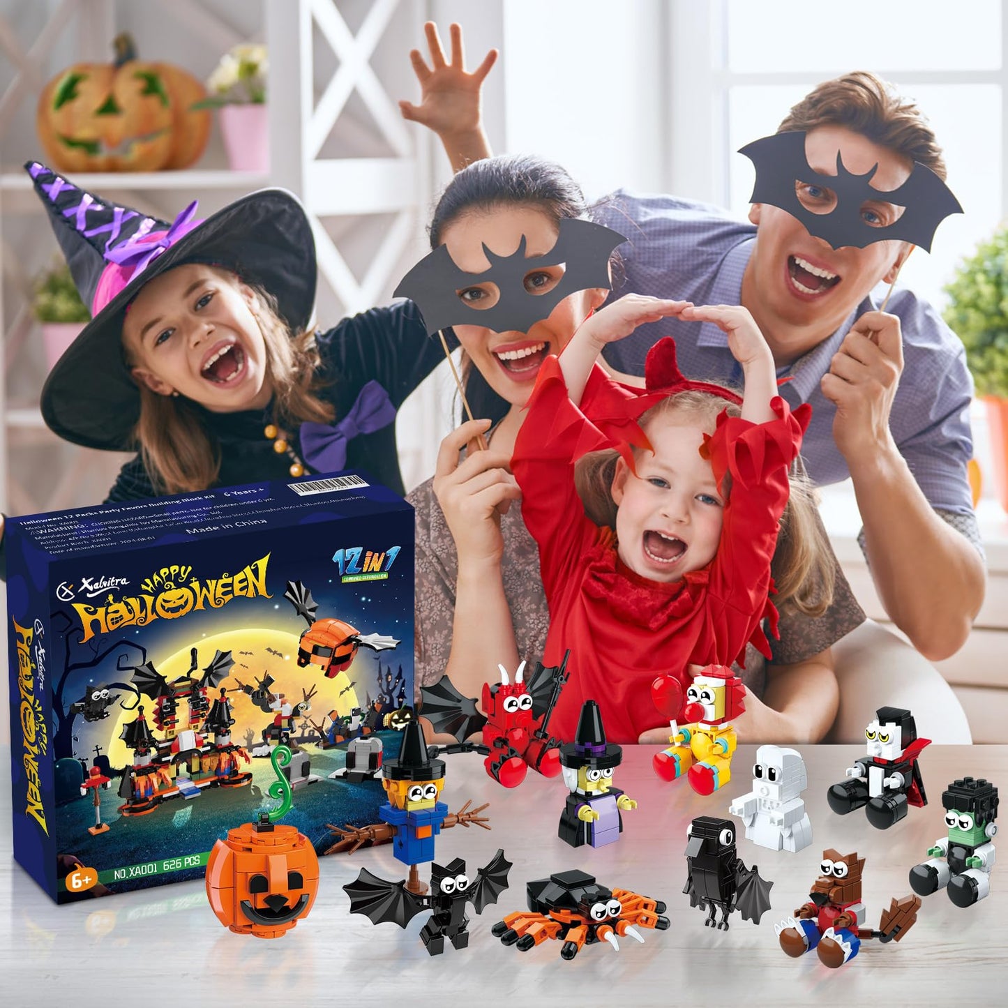 Xalvitra Halloween Party Favors Toys for Kids,Halloween Haunted House 12 in 1 Building Blocks Set Gift 668PCS,Halloween Mini Cute Bricks Pcs Goodie Bags Fillers Classroom Prizes Boys or Girls 6-12