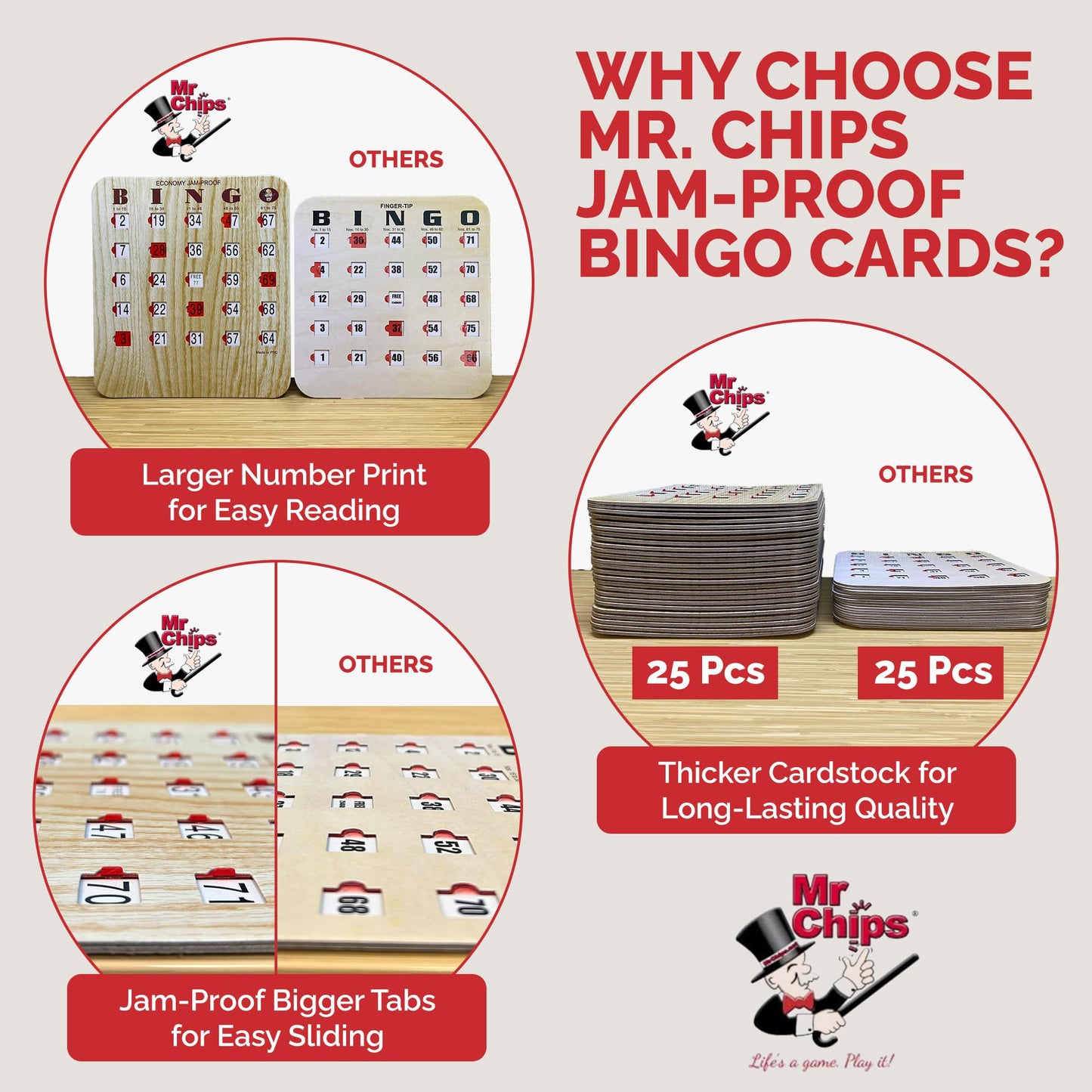 MR CHIPS Jam-Proof Bingo Cards with Sliding Windows, 25 Reusable Shutter Cards, 75 Calling Cards 1 Master Board in Tan Woodgrain Style