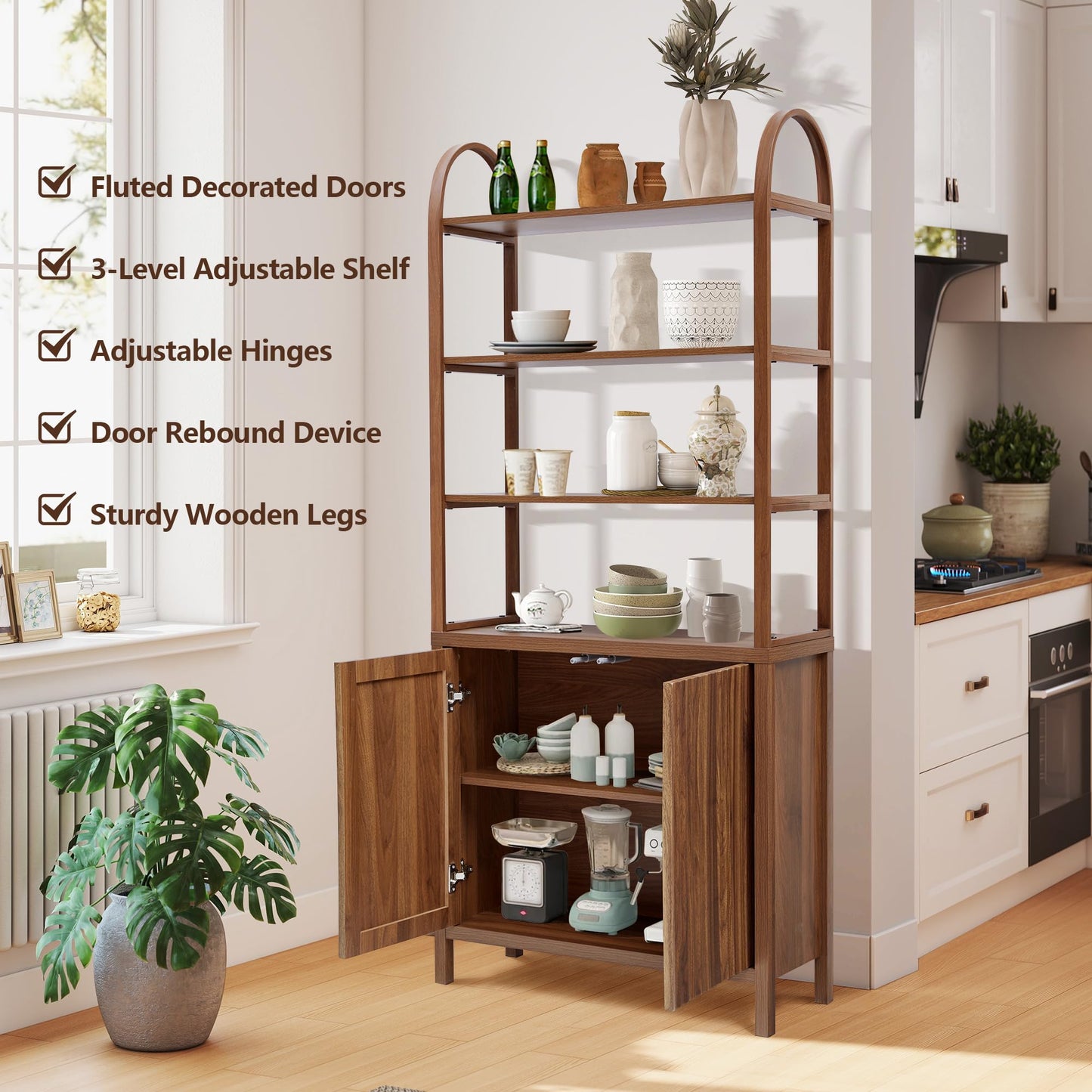 71” Tall Arched Bookshelf Storage with Fluted Doors, Mid Century Modern 6 Tier Bookshelves, Freestanding Bookcase Cabinet with Open Display Storage Shelf for Living Room Home Office Bedroom, Walnut