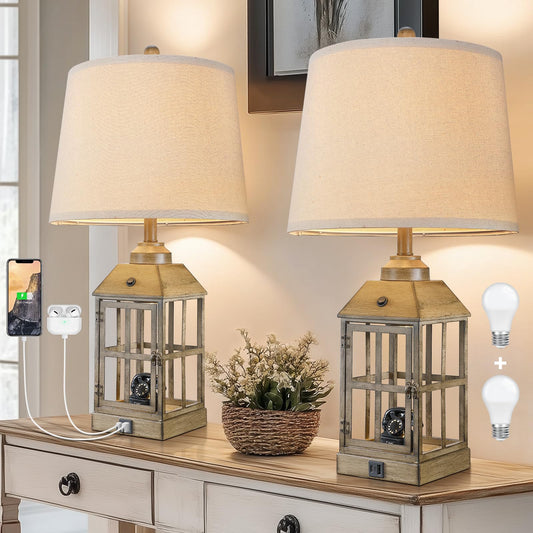 25" Farmhouse Table Lamps for Living Room, Table Lamps Set of 2 with USB Port and Nightlight, Rustic Table Lamp for Bedroom, Bedside Lamp for Nightstand, End Table, Home, LED Bulbs Included (Wood)