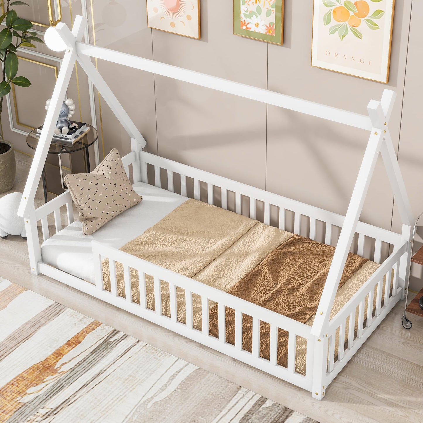 Wekuku Twin Tent Shaped Floor Bed for Kids – Teepee with Guardrails Slats, White Wooden Playhouse Bed for Bedroom, Montessori Inspired Design