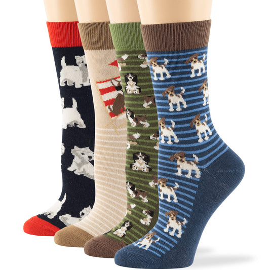 7BIGSTARS KINGDOM Women Fun Crew Cotton Novelty Socks - 4 Pairs Large - Puppy - Sock Size:10-12, Shoe Size:8-12,1 of Olive Green, 1 of Light Navy, 1 of Light Beige, 1 of Dark Navy