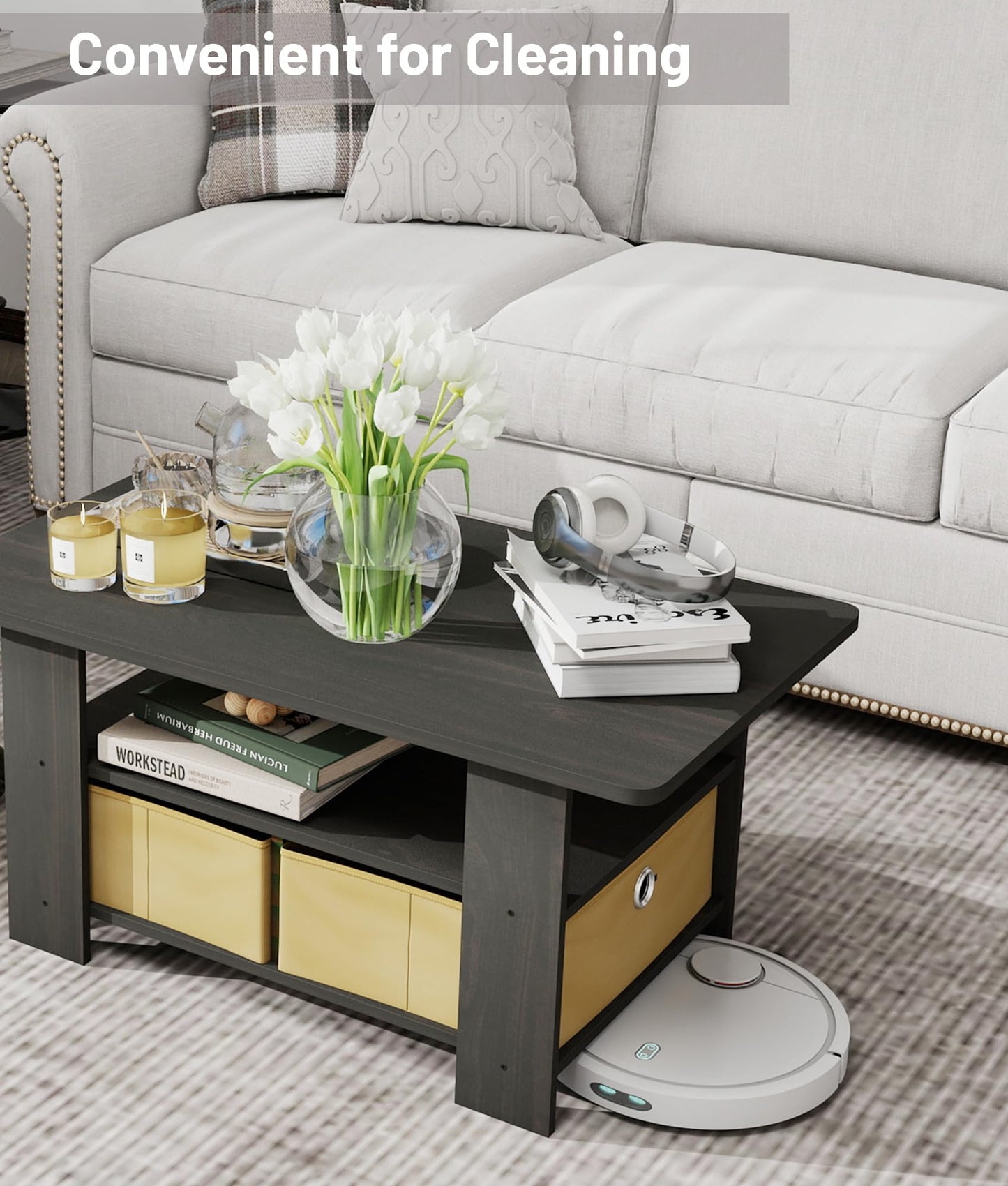 VPSMAT Coffee Table for Living Room, Modern Center Tables with Storage Bin, 2-Tier Coffee Table for Living Room Apartment Home Office Dark/Light Brown.