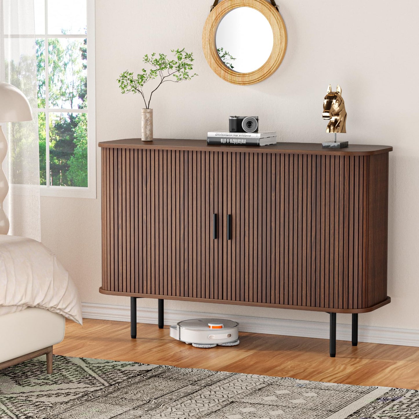 47''W x 32''H Walnut Storage Cabinet, Fluted Sideboard Buffet Cabinet with Storage, Console Table Credenza with Tambour Slatted Sliding Doors, TV Stand for Living Room, Kitchen