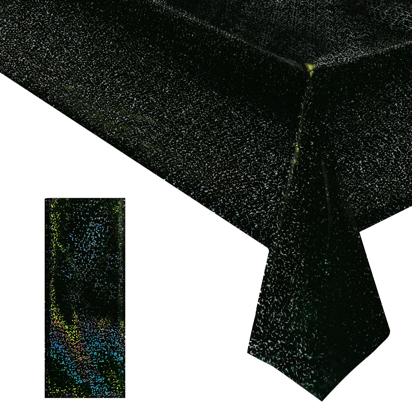 1 Pcs Black Holographic Laser Tablecloth Galaxy Space Table Cloth 40 * 108 Inch Shimmer Star TableCover for Halloween Birthday Graduation Neon Party Supplies Disposable Plastic Foil Table Decor
