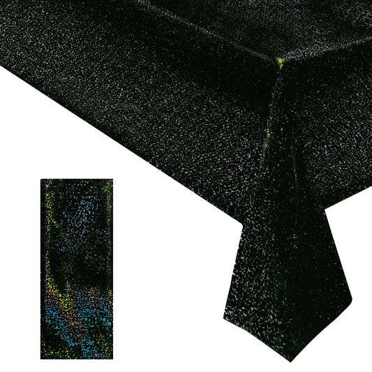 1 Pcs Black Holographic Laser Tablecloth Galaxy Space Table Cloth 40 * 108 Inch Shimmer Star TableCover for Halloween Birthday Graduation Neon Party Supplies Disposable Plastic Foil Table Decor