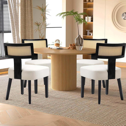 WQSLHX Rattan Dining Room Chairs Set of 4, Mid-Century Modern Kitchen Chair with Cane Back & Wood Frame in Black Finish, Beige Linen Upholstered