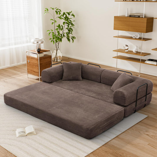 VYNELITO Comfy Convertible Sleeper Floor Sofa Bed, Corduroy Folding Mattress Couch with Fixed-Shape Frame, Floor Sofa with Armrest, Lounge Couch for Living Room Bedroom Lounge Studio,Brown