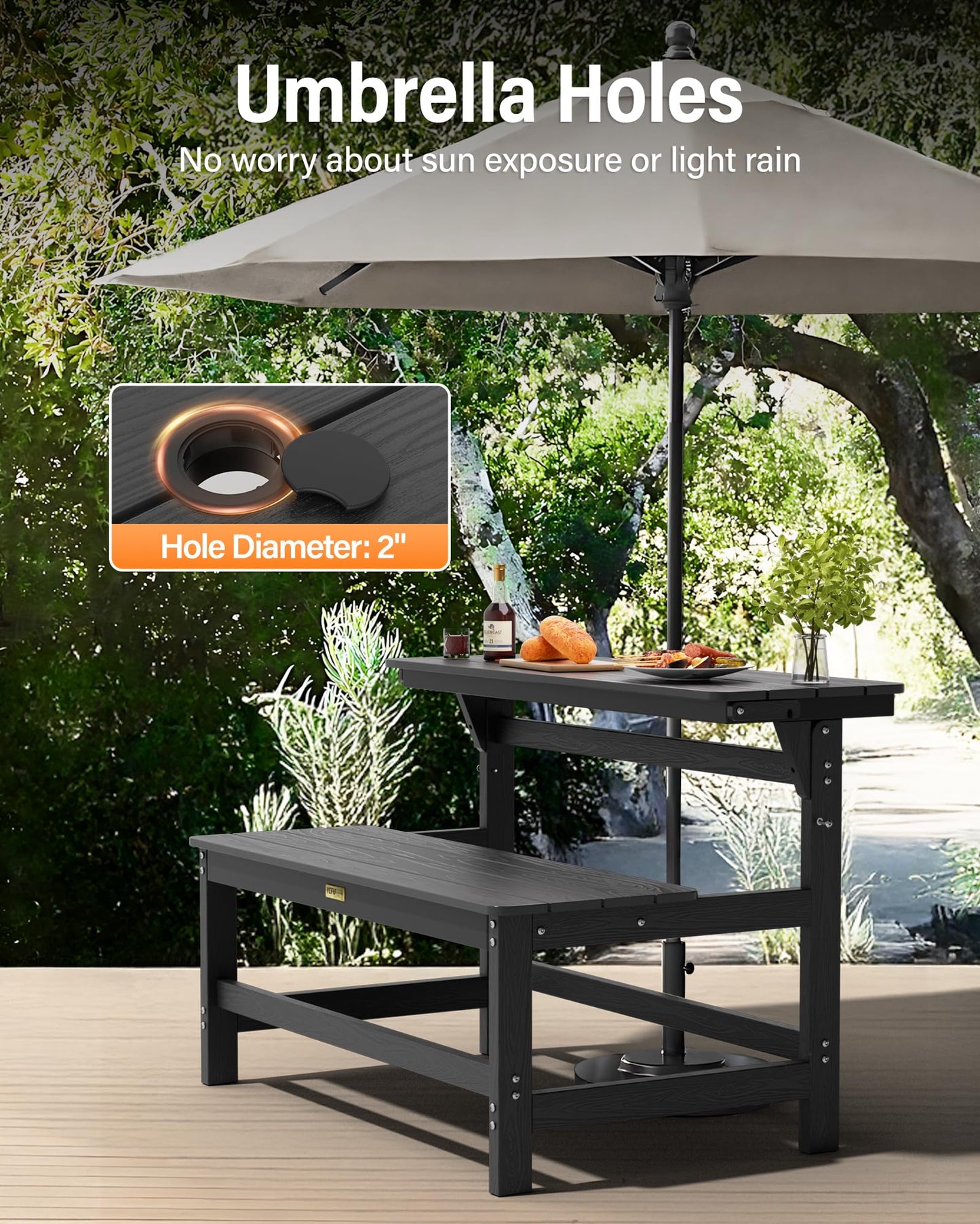 YEFU Convertible Bench Picnic Table: HIPS Convert a Bench with Umbrella Hole - Foldable Space-Saving Picnic Outdoor Benches for Outside Patio Porch Backyard Park Garden Black