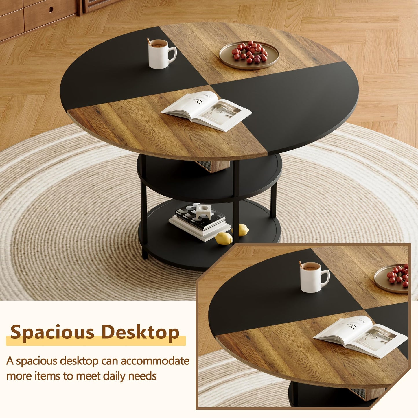 Vohuai Round Dining Table Set for 4,47.3''Wood Dining Room Table Set with 4 Upholstered Chairs,Round Color Blocked Tabletop with 2-Layer Storage Shelf,5 Piece Dinner Table Set for Kitchen Dining Room