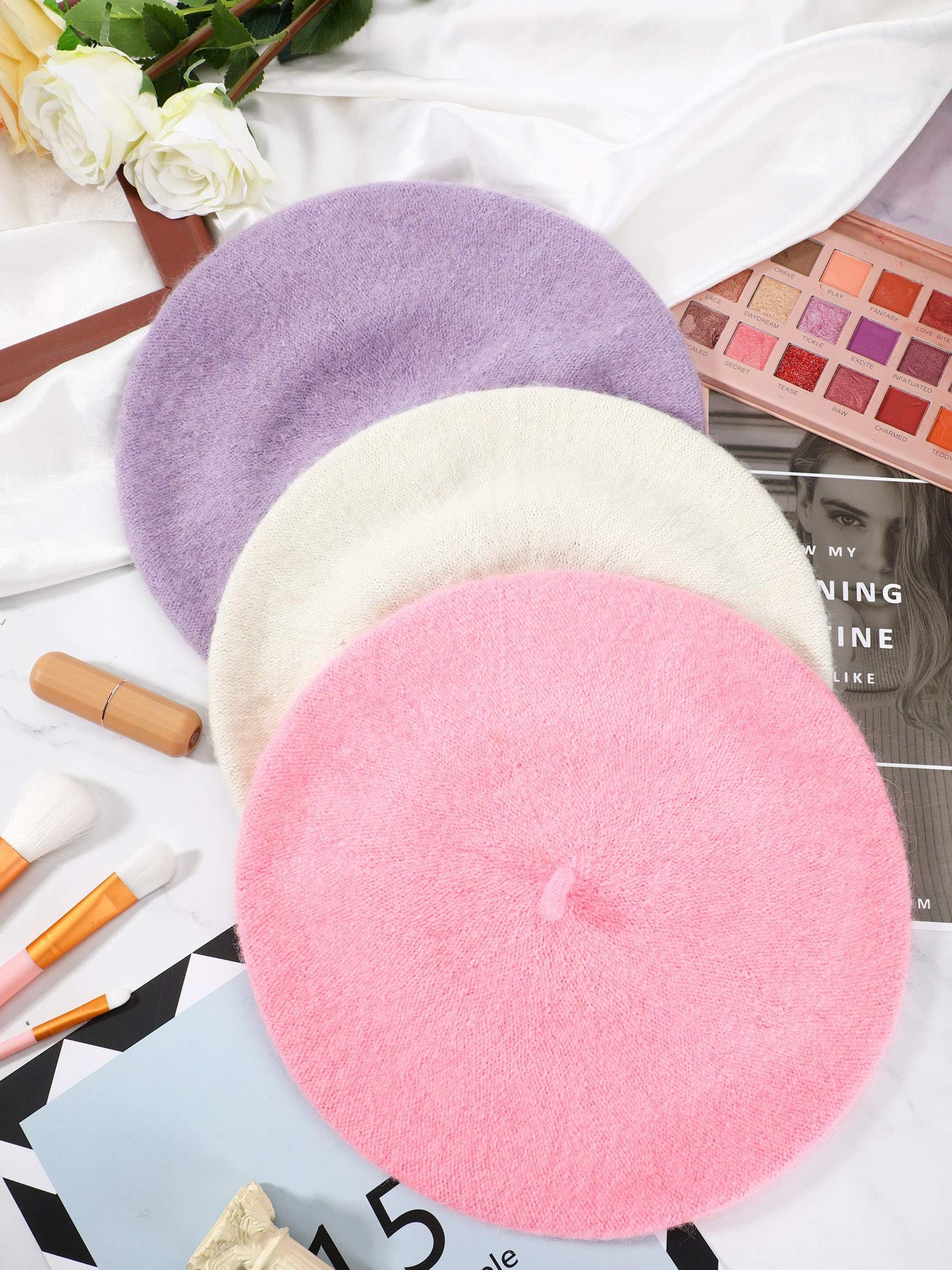 3 Pieces Beret Hat French Style Beanie Cap Solid Color Winter Hat for Women and Girls Casual Use