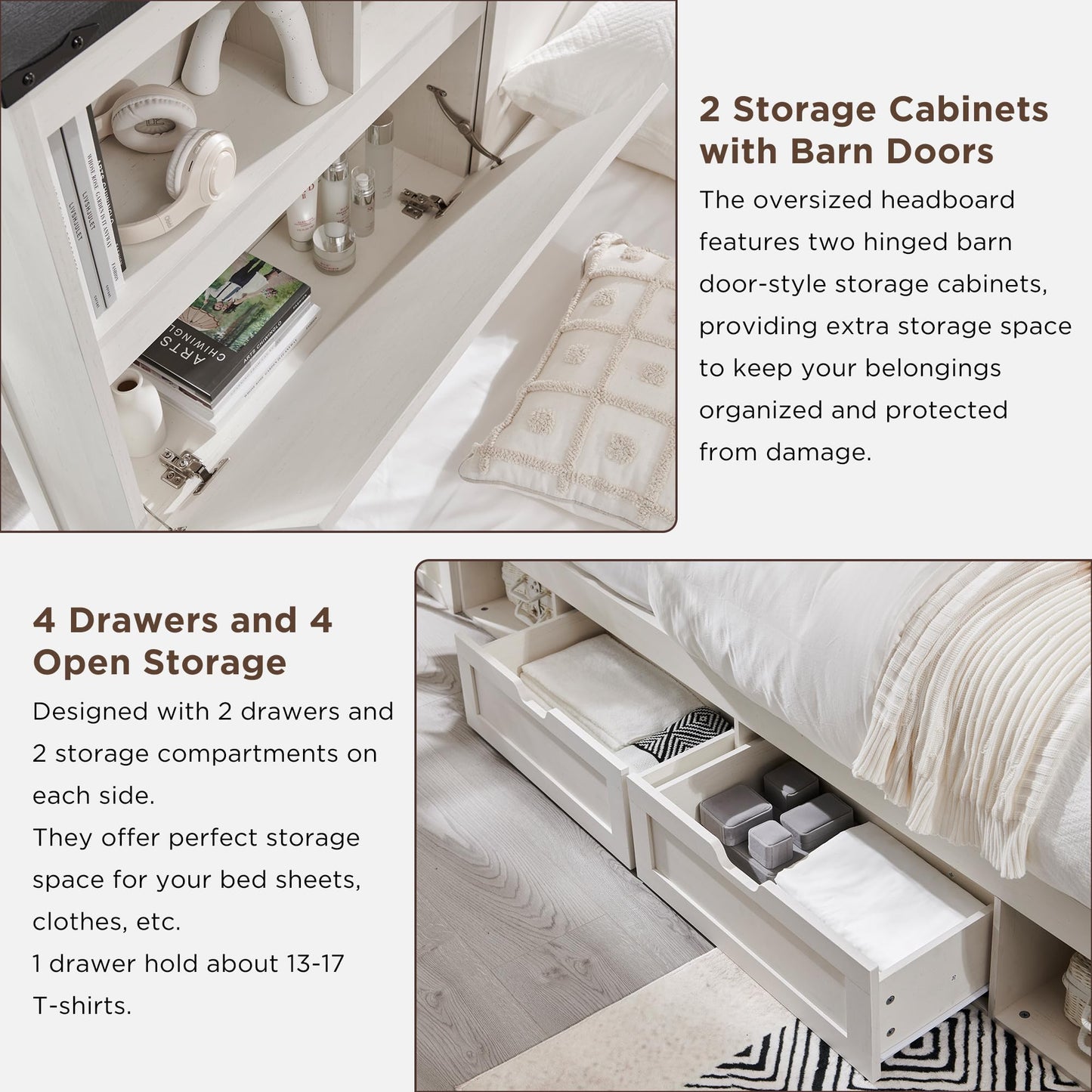 ACCOHOHO Queen Bed Frame Farmhouse with 52" Storage Bookcase Headboard, 4 Drawers Wooden Bed Frame, LED Light, Charging Station - White