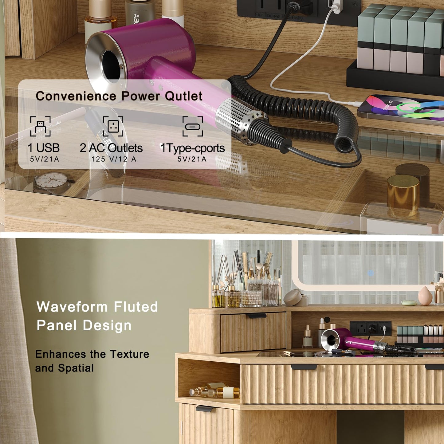 48'' Modern Vanity Desk with HD Triple Mirror & Lights,Large Corner Vanity Table with Glass Top, Charging Station,1Multifunctional Drawers & 2 Small Drawers, Dressing Table Set with 2 Cabinets, Oak