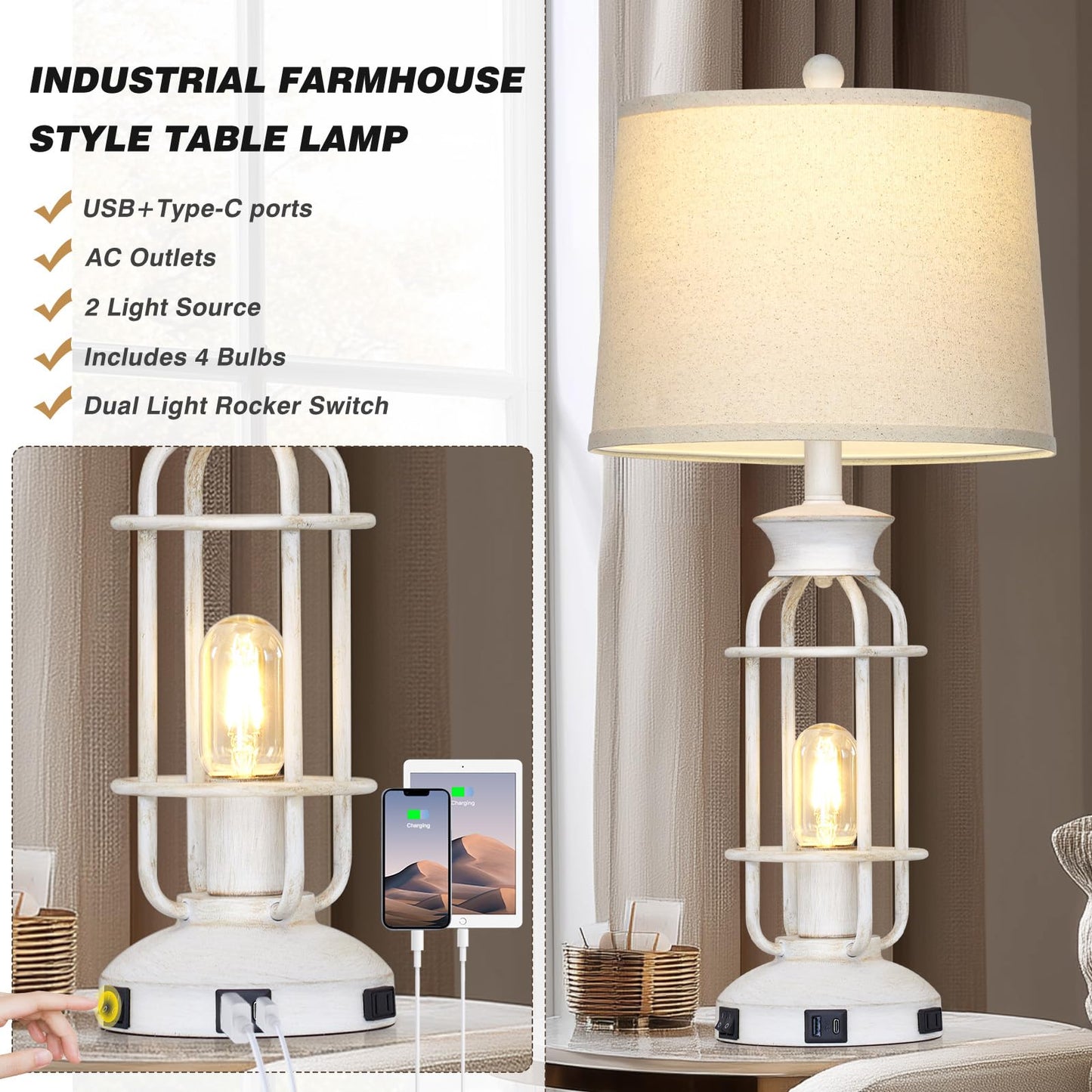 28" Vintage Table Lamps with USB C+A Ports & Outlet, Industrial Farmhouse Table Lamp for Living Room, Rustic Mid Century Modern Bedside Lamps with Nightlight & Beige Fabric Lampshade, Oil-Rubbed White
