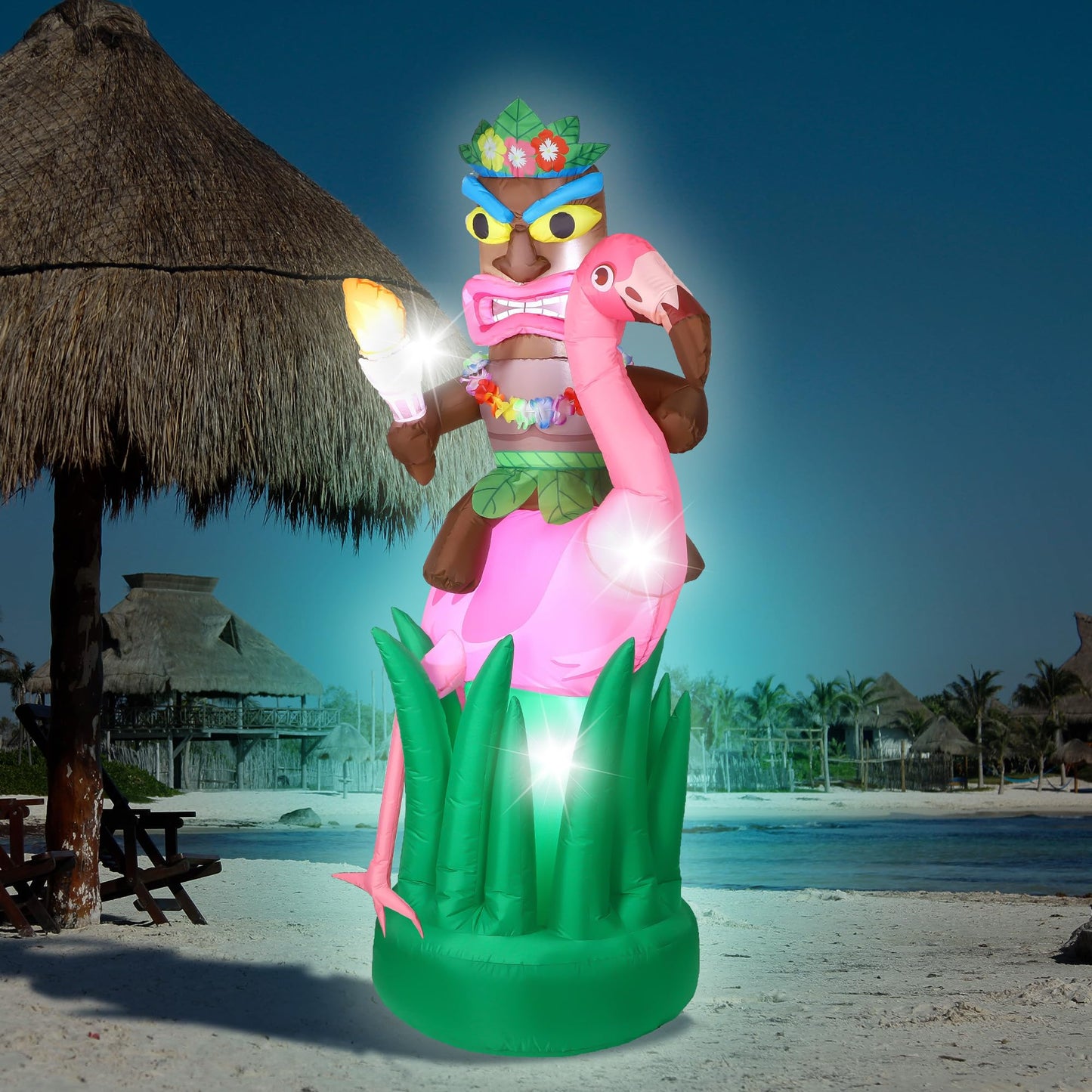 Vivantia 6 Ft Inflatable Tiki Flamingo Decor Hawaiian Tiki Inflatable with Air Blower LED Lighted Outdoor Decoration Blow Up Garden Decor for Summer Tropical Yard Garden Hawaiian Party Supplies