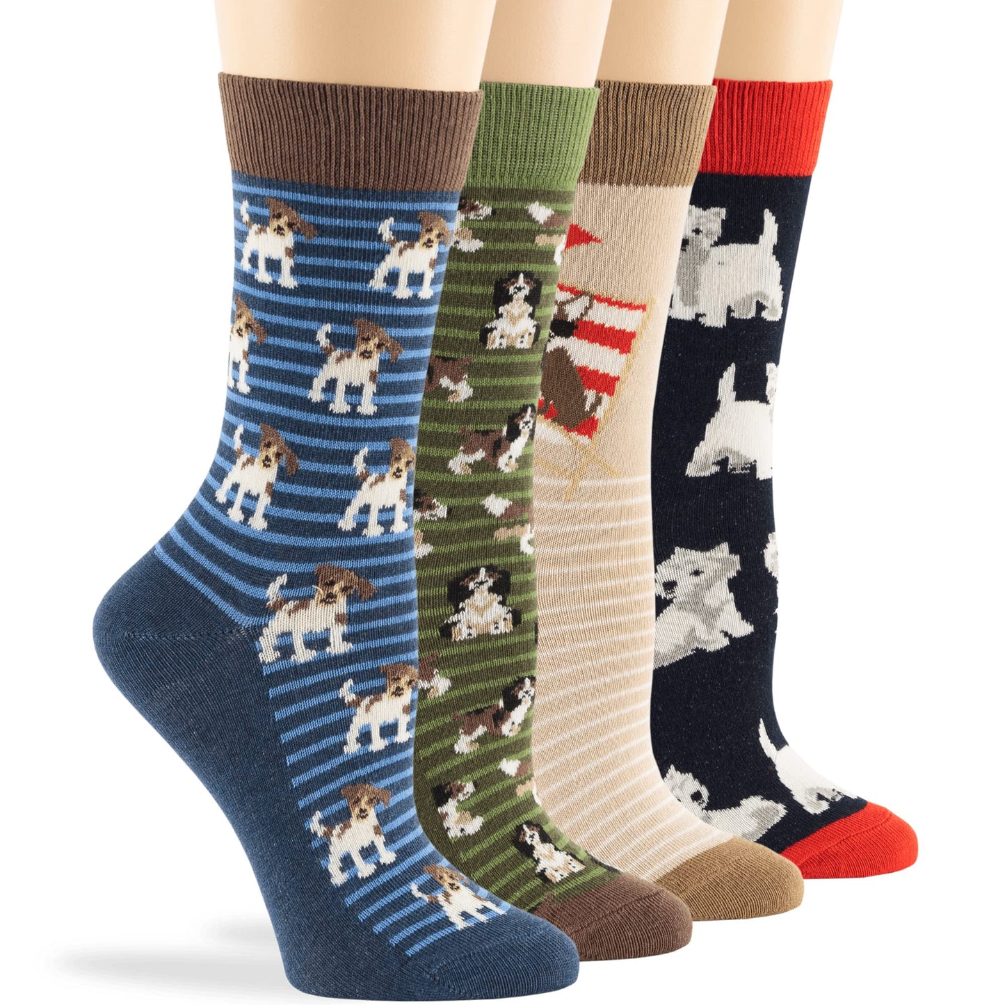7BIGSTARS KINGDOM Women Fun Crew Cotton Novelty Socks - 4 Pairs Large - Puppy - Sock Size:10-12, Shoe Size:8-12,1 of Olive Green, 1 of Light Navy, 1 of Light Beige, 1 of Dark Navy