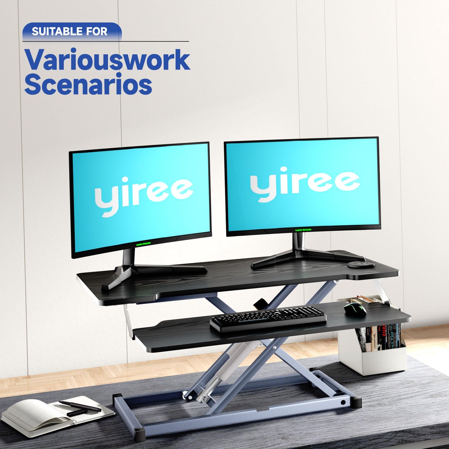 32" Electric Standing Desk Converter,Height Adjustable Riser, Ergonomic Sit-Stand Lift with Wide Dual Monitor Platform and Synchronous Moving Keyboard Tray, 60 lb Capacity - Black