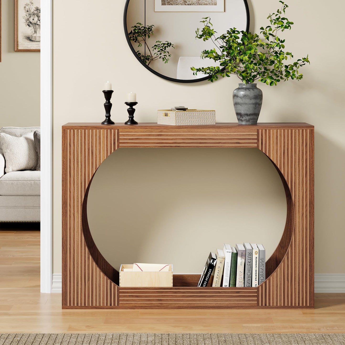 43.3" Console Table with Storage, 2-Tier Wooden Entryway Table with Carving Lines, Mid-Century Modern Accent Rectangular Sofa Table Behind Couch for Foyer, Entrance, Living Room, Hallway (Walnut)