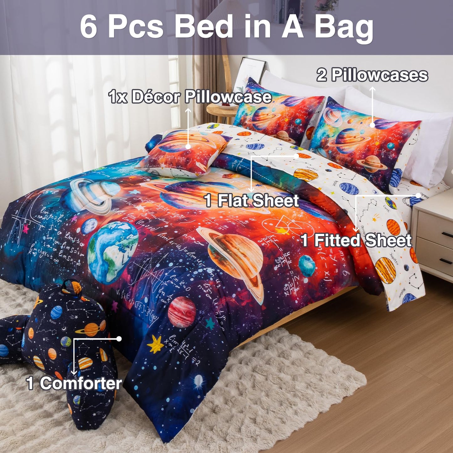 A Nice Night Boys Galaxy Twin Bedding Set 6 Piece Bed-in-a-Bag Comforter with Sheet Set, Space Algebra Theme Polyester Bed Sets for Kids,Purple