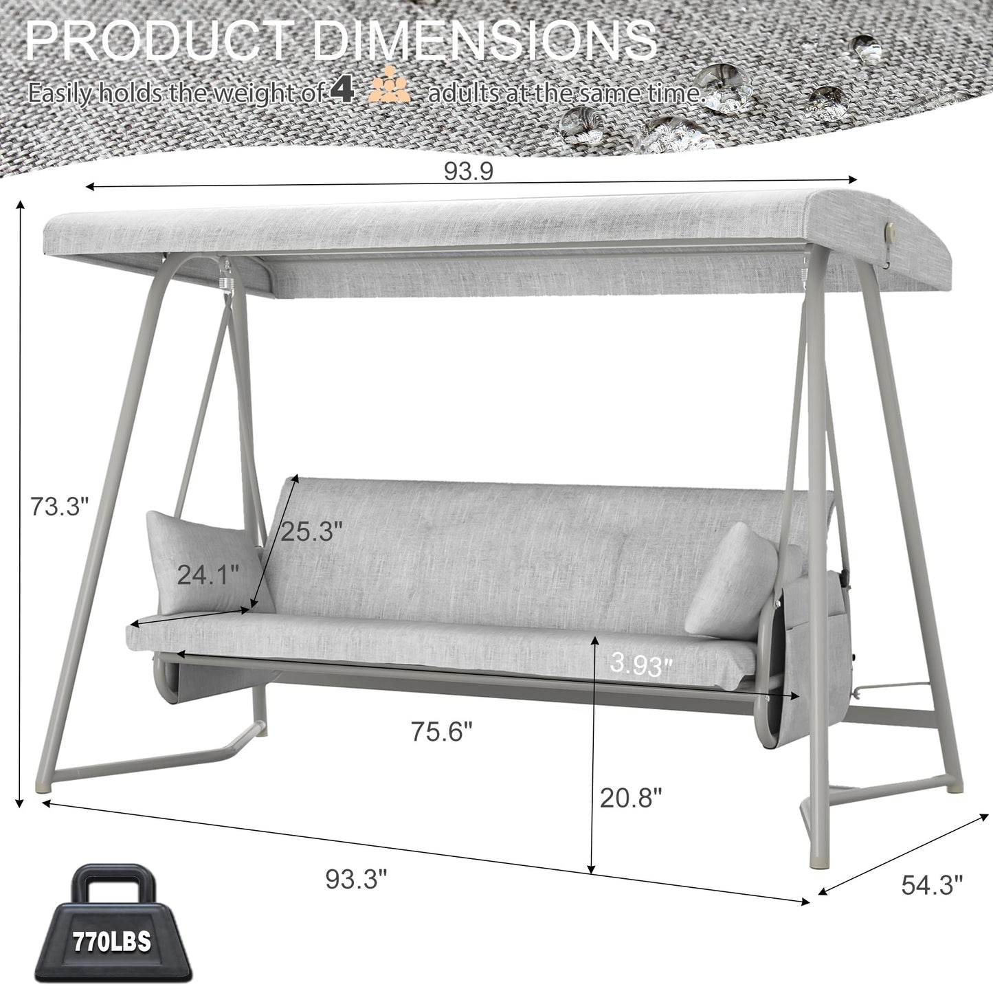 3-4 Seat Outdoor Porch Swing with Adjustable Canopy Patio Swing Bed with Stand Large Swing Glider Bench Chair Outside 770 lbs with Removable Cushions for Yard Garden Poolside Balcony (Champagne)