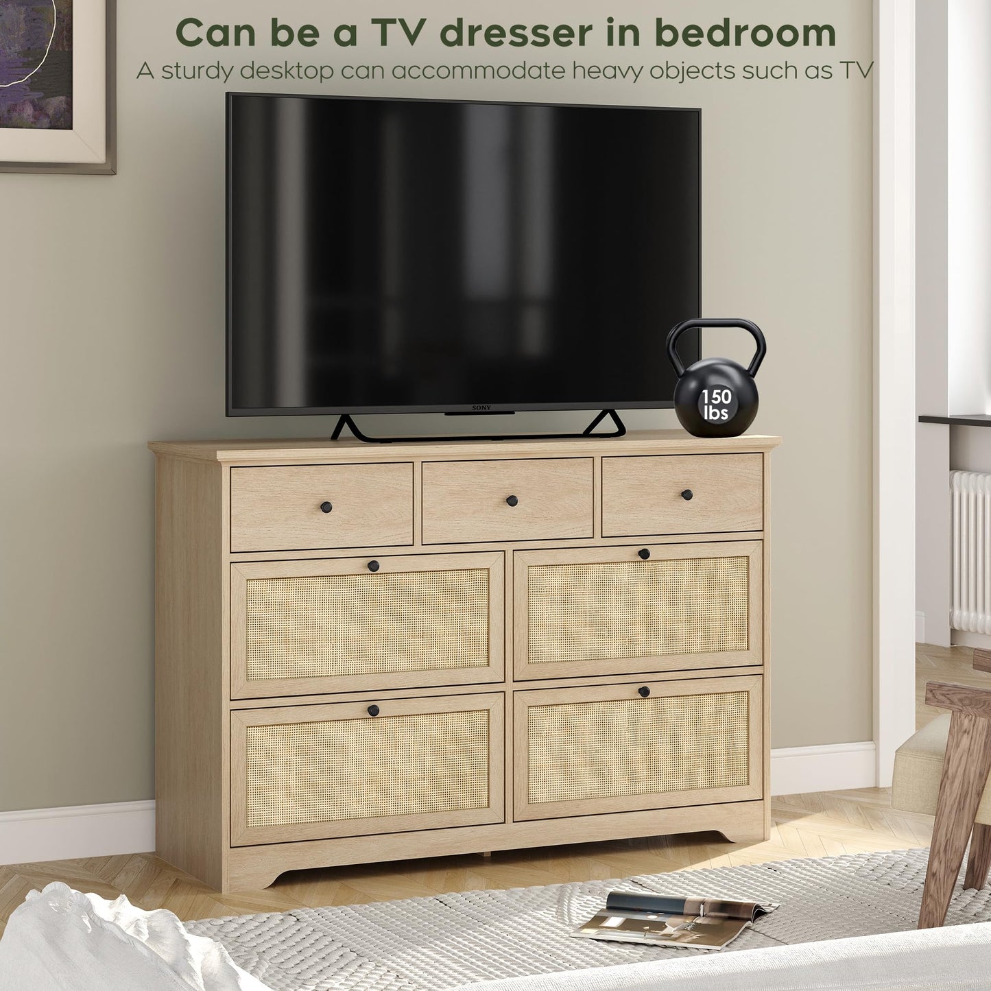 Yechen 7 Drawers Natural Rattan Dresser for Bedroom, Mid-Century Modern Natural Wood Dressers with Elegant Tabletop, Boho Chest of Drawers TV Stand with Sturdy Base for Living Room, Baby Nursery