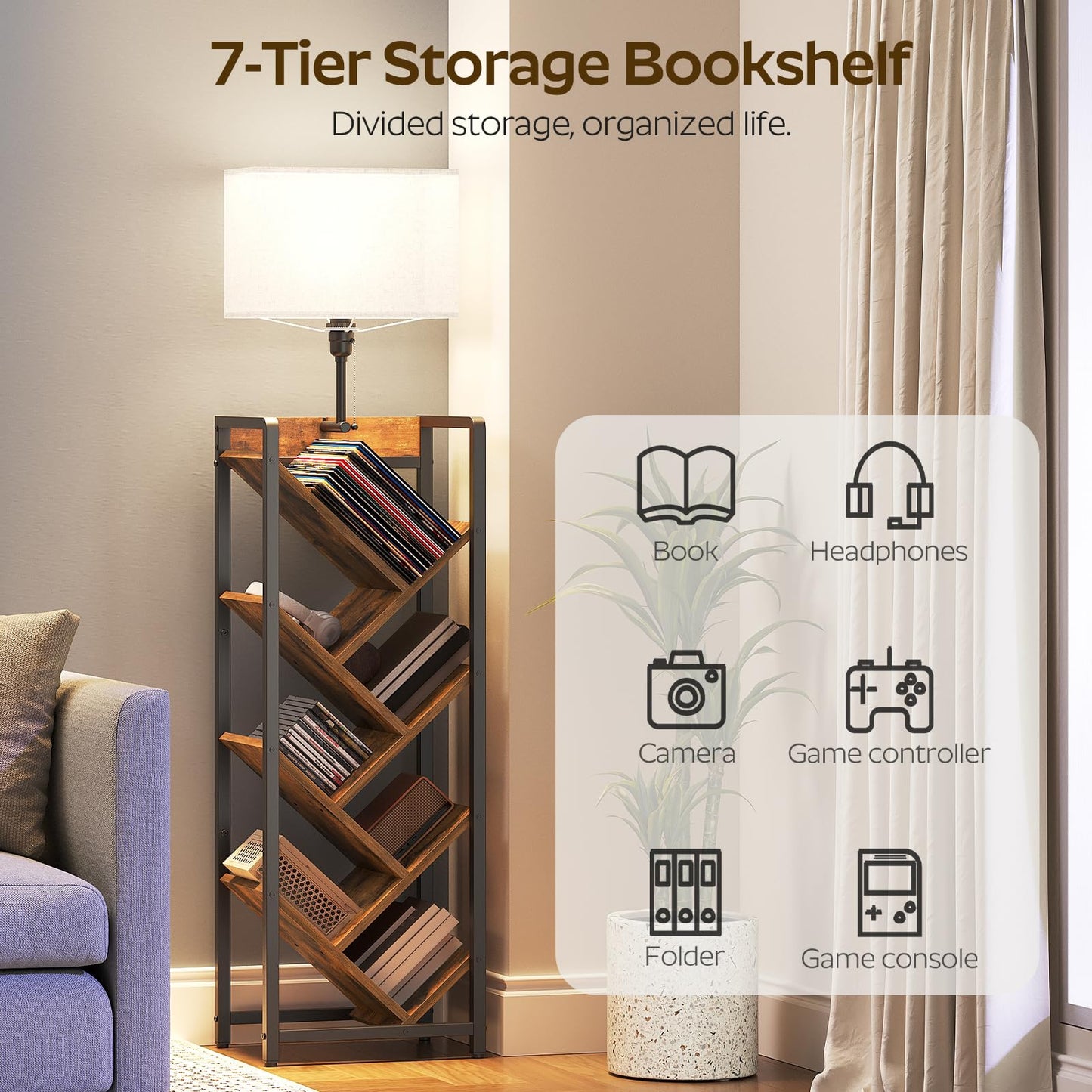 YATINEY Tree Bookshelf with Light, 6 Tier Book Shelf, Wooden Bookcase for Narrow Space, Floor Standing Tall Bookshelf, Industrial Corner Display Shelf, Rustic Brown SJ08DBR
