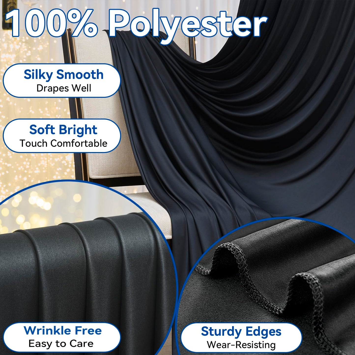 10 x 12ft Wrinkle Free Black Backdrop Curtain,Soft Silky Easy to Draping Polyester Fabric Photo Backdrop Drape, 2 Panels 12 ft Long Back Drop Curtains for Parties Birthday Graduation Background Cloth
