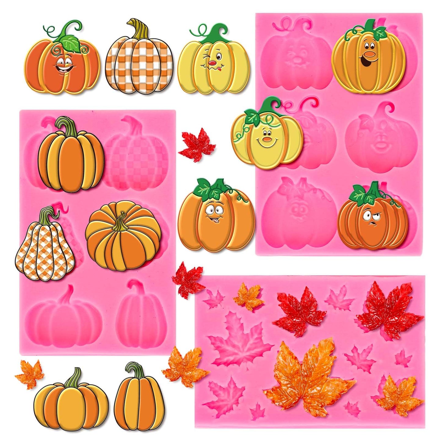 Whaline 3 Packs Fall Thanksgiving Fondant Molds Pumpkin Maple Leaves Silicone Molds Autumn Chocolate Candy Mould for Kitchen Party Baking Sugar Craft Gum Resin Clay Decor Supplies