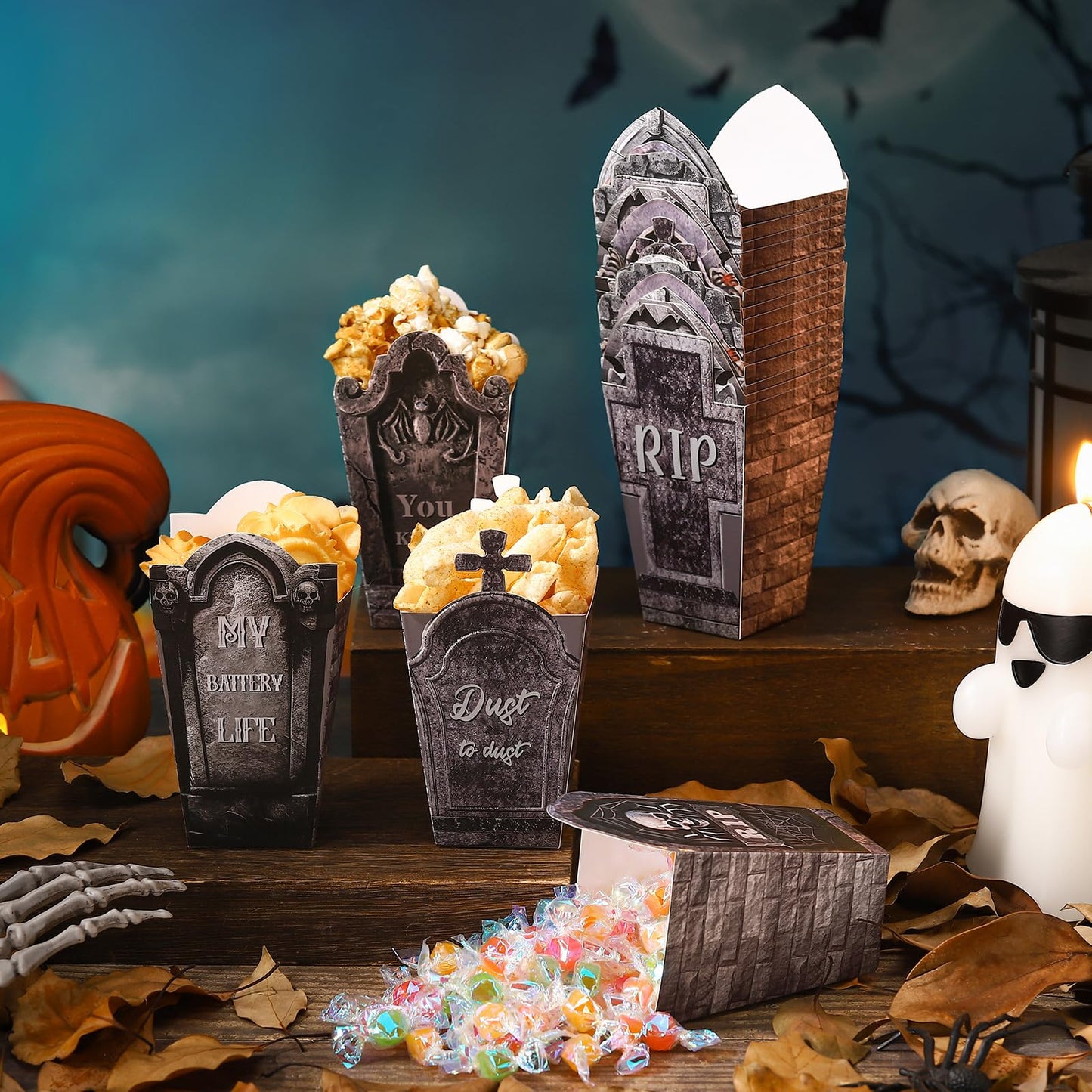 Weekgrat 90 Pcs 9 Styles Halloween Popcorn Boxes Cardboard Popcorn Bags Snack Boxes Spooky Treat Bags for Candy Biscuits Halloween Party Favors(Tombstone)
