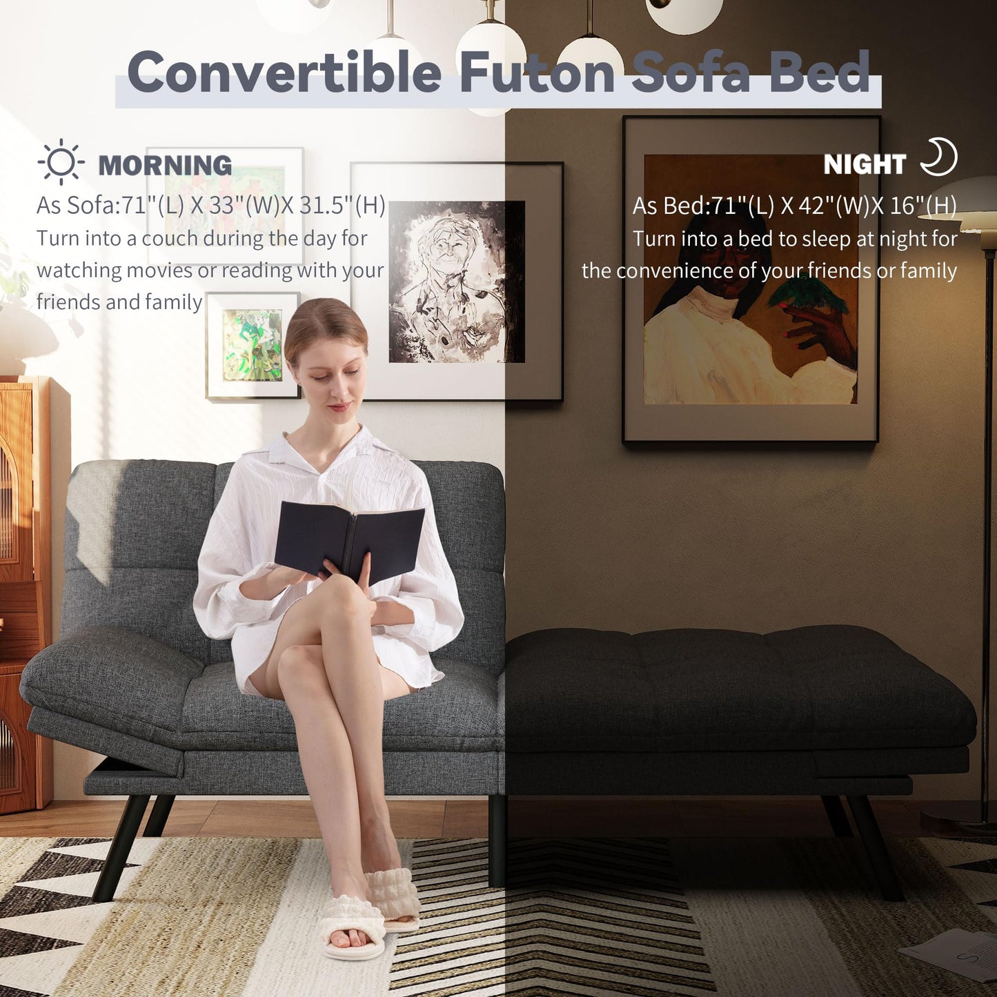 Vyfipt Convertible Futon Sofa Bed, 71" Memory Foam Futon Couch with Detachable,Adjustable Backrest,Linen Fabric Folding Small Loveseat Sleeper for for Living Room,RV,Office,Apartment,Light Grey