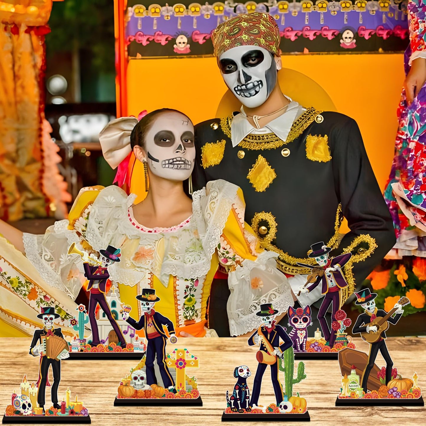 6Pcs Dia De Los Muertos Decorations Wooden Table Centerpiece Day of the Dead Decorations Sugar Skull Table Decor for Mexican Fiesta Tiered Tray Decor
