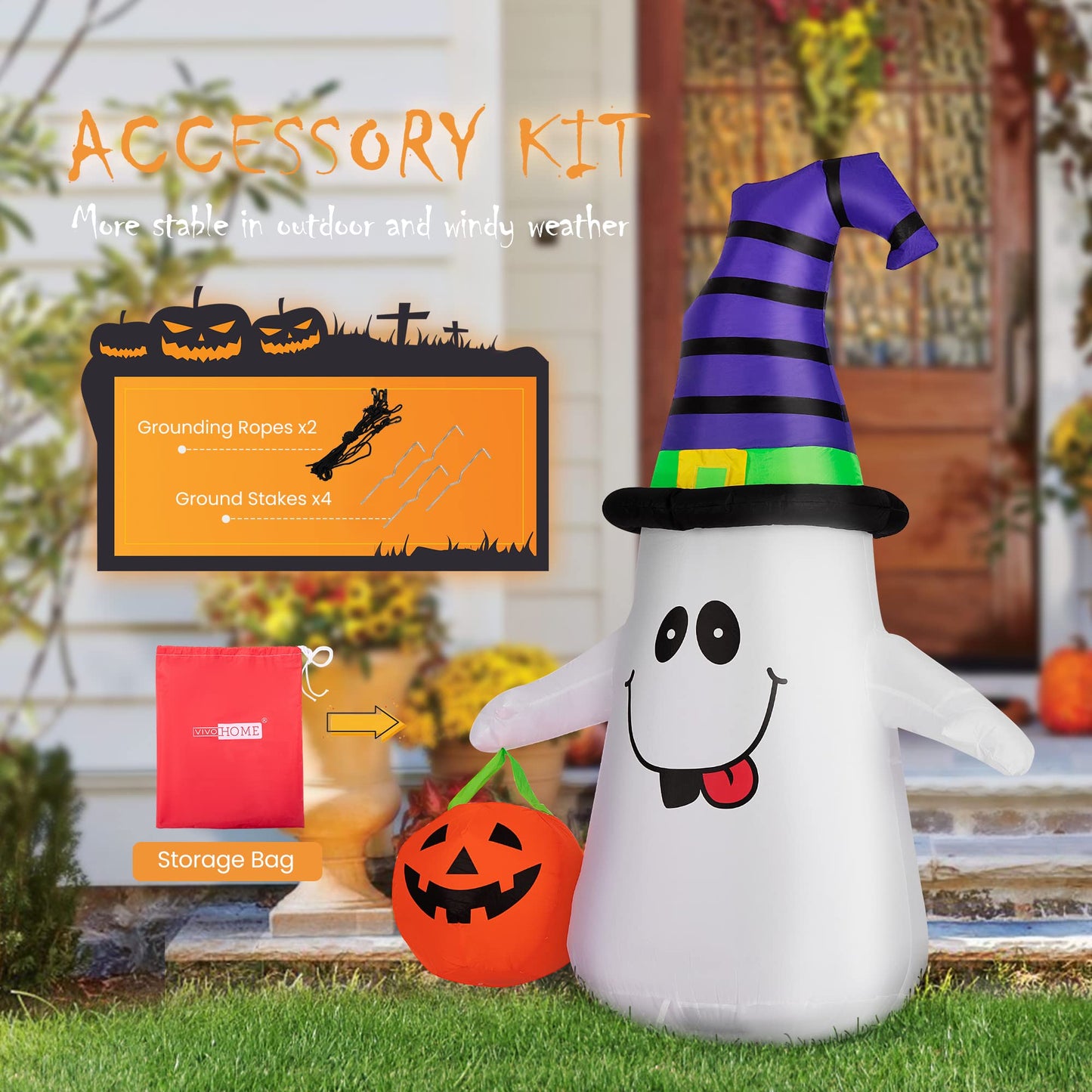 VIVOHOME 5FT Halloween Inflatable Yard Decor, White Ghost with Pumpkin, Outdoor Blow Up with Built-in LED Light for Lawn, Garden, Party