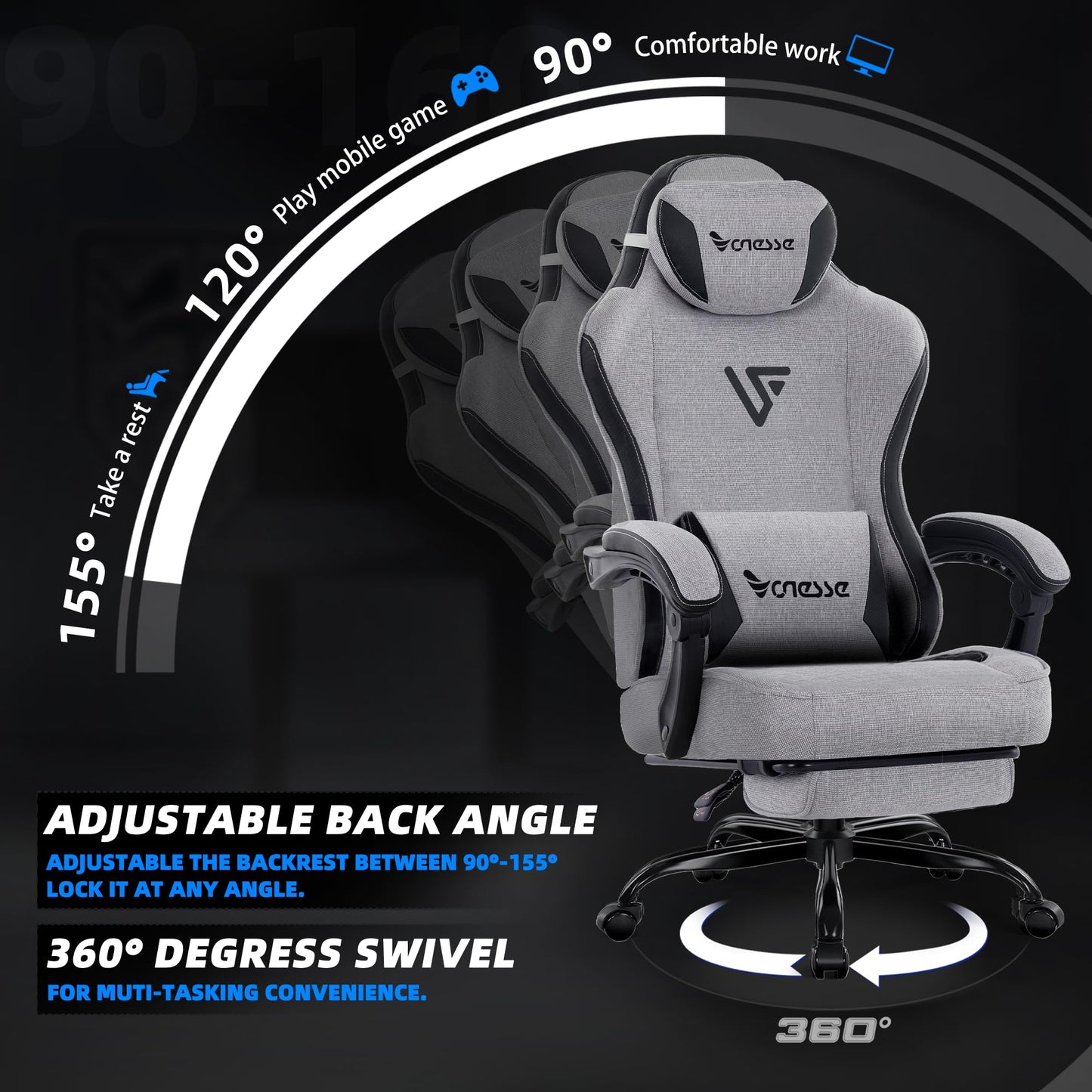 Vonesse Gaming Chair, Computer Chair Fabric with Pocket Spring Cushion, Office Chair with Footrest and Massage Lumbar Support, Reclining Gaming Chairs for Adults 250LBS (Grey)