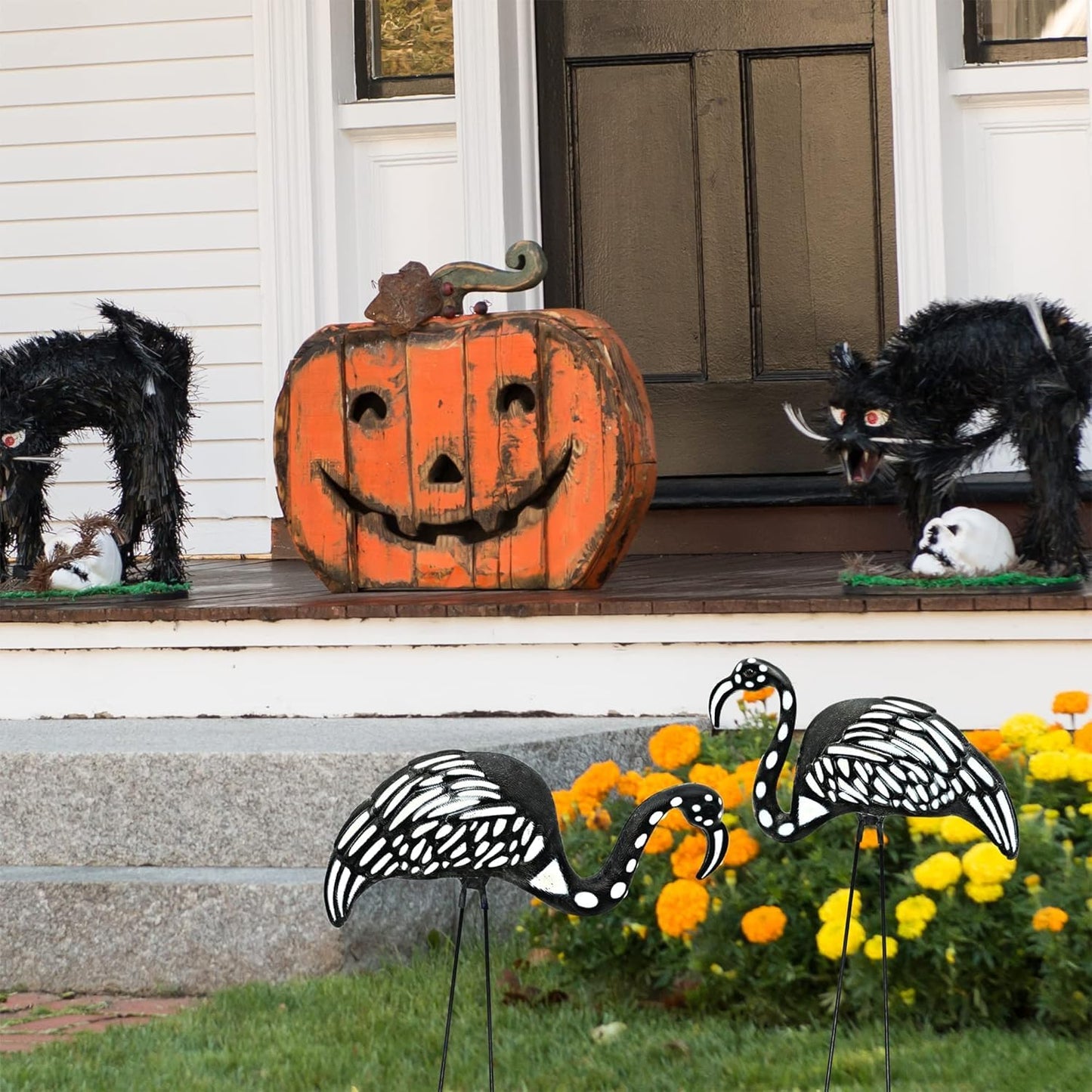 4E's Novelty Set of 2 Black Skeleton Flamingo Lawn Ornaments with Stakes for Halloween Outdoor Decorations